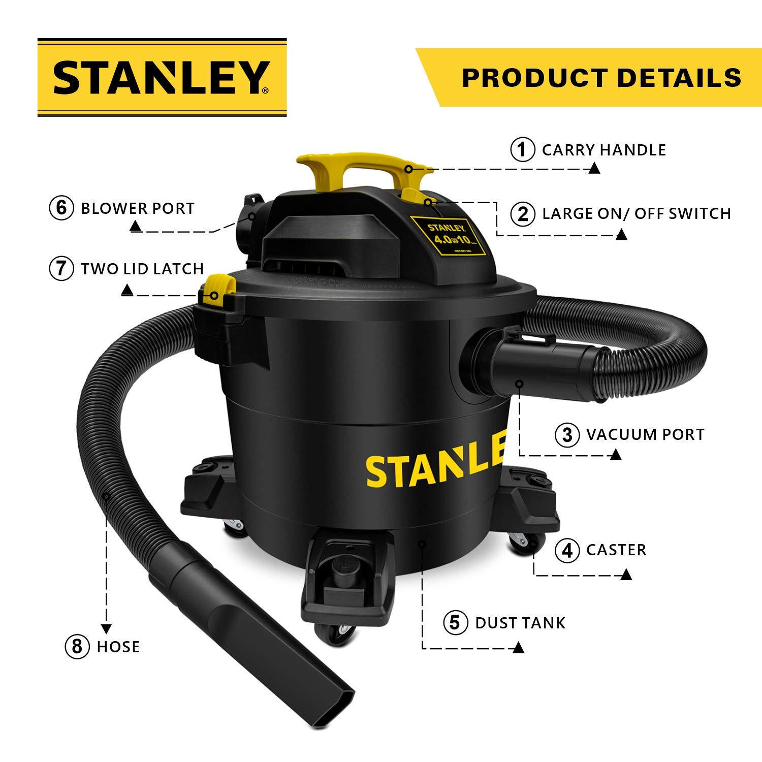 STANLEY Wet/Dry Vacuum SL18191P, 10 Gallon 4 Horsepower 16 FT Clean Range Shop, Ideal for Home/Garage/Laundry Rooms with Attachments, Strong Suction Large Capacity Multiple Accessories