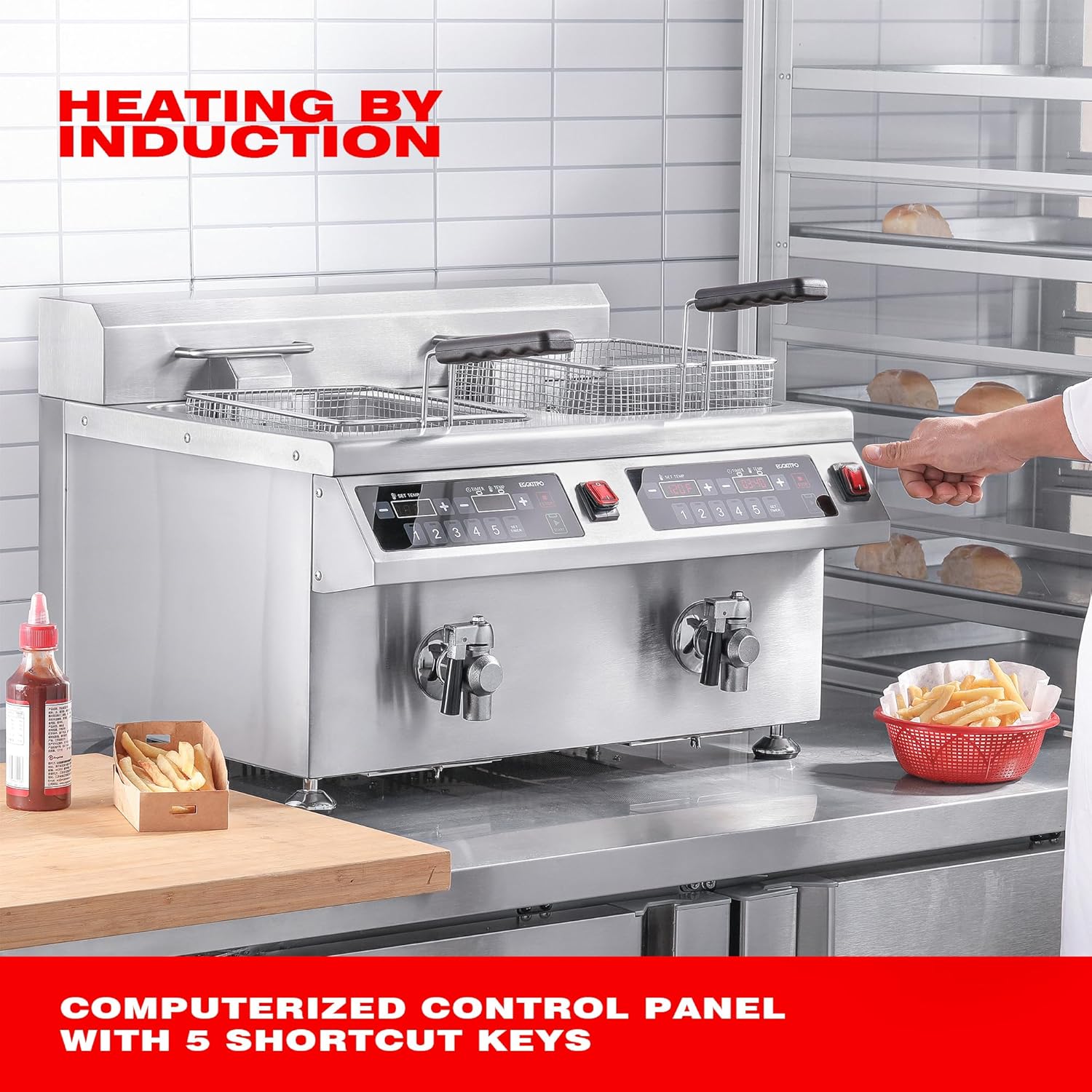 EGGKITPO Induction Fryer 24L Dual Tank Deep Fryer with Basket and Lid Countertop Electric Fryer with Timer and Oil Drain Stainless Steel Commercial Fryer for Large Restaurant and Business 120V 3600W