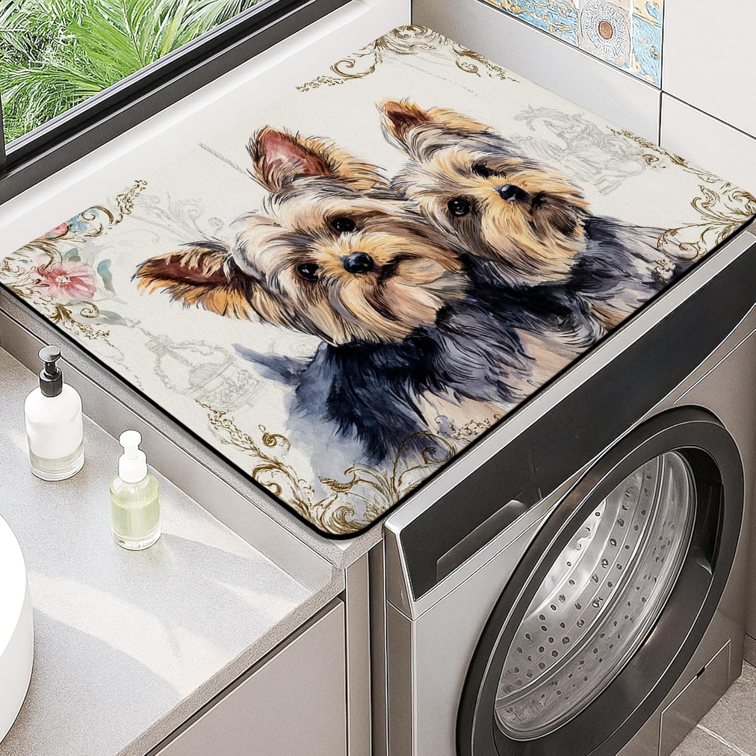 Yorkshire Terrier Washer Dryer Top Protector Mat, Vintage Watercolor Dog Design Washing Machine Dust Covers, Elegant Rubber Anti-slip Waterproof Mats for Laundry Room 20x24 Inch