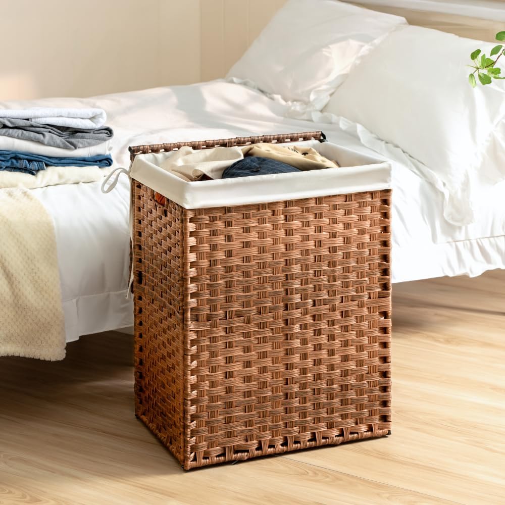 Large 100L Laundry Hamper with Lid - Foldable Clothes Basket with Removable Washable Bag, Durable PE Wicker & Steel Frame Organizer for Bedroom