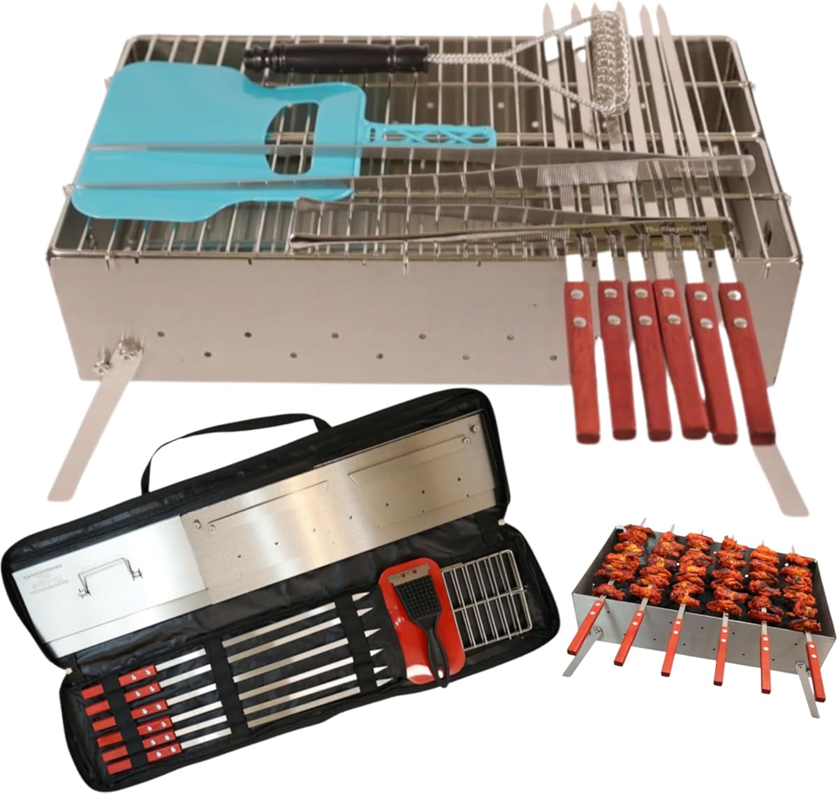 The Simple Grill | Stainlees Steel Foldable Charcoal Grill for BBQ | Camping Grill Mangal for Outdoor Cooking and Barbeque| SKEWERS AND ACCESSORIES INCLUDED