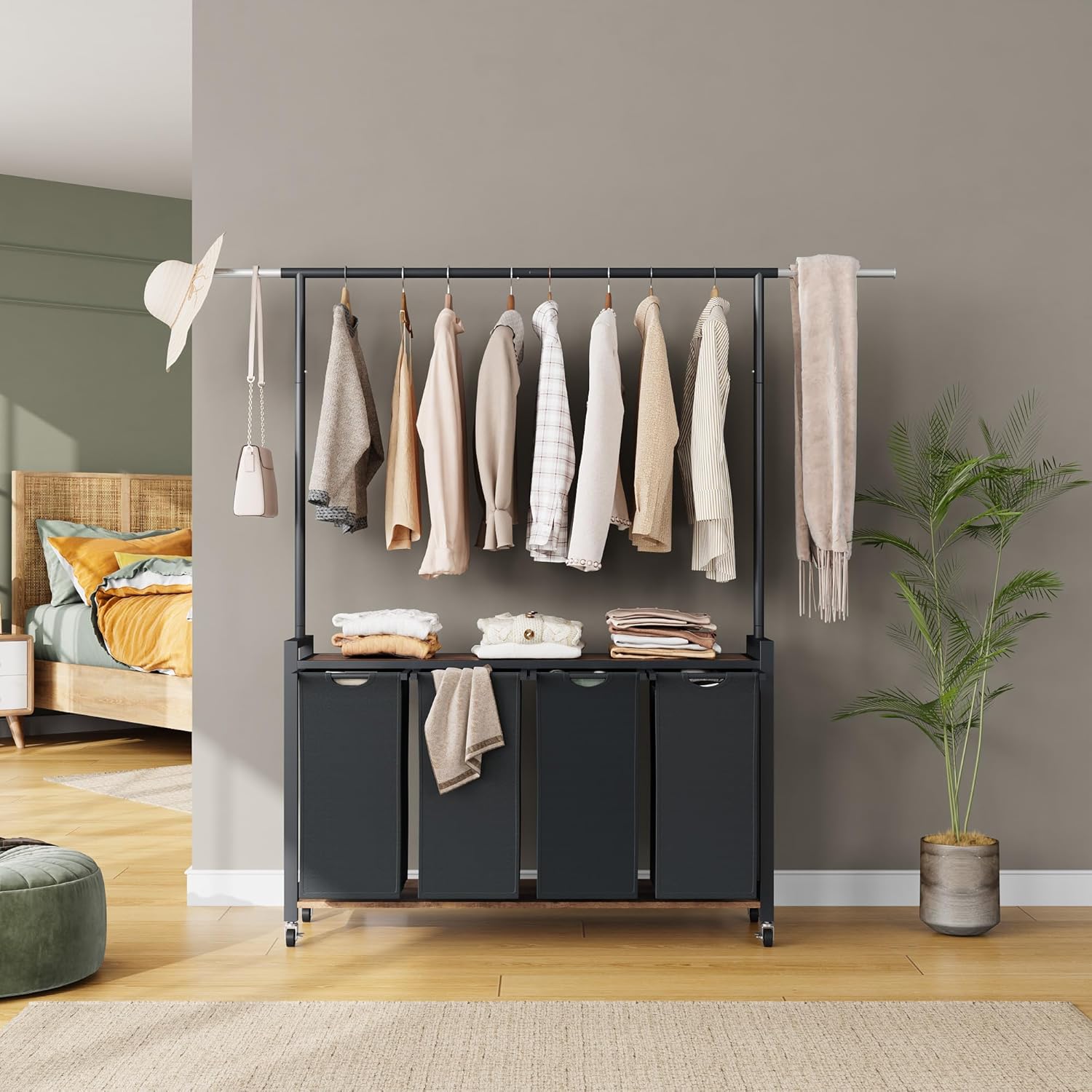 GarveeHome Rolling Laundry Cart with Hanging Rack & Utility Shelf | 4-Section Laundry Sorter Hamper with Lockable Wheels | Laundry Basket Organizer for Laundry Room, Bedroom, Bathroom | Black