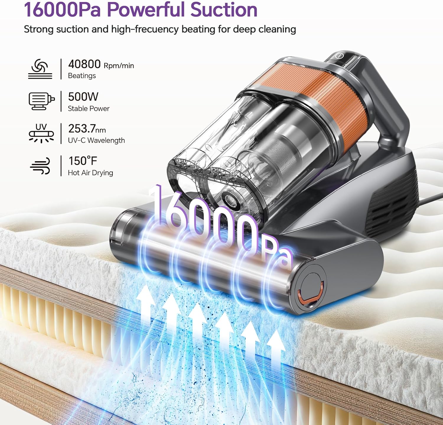 Mattress Vacuum Cleaner - Powerful 16000Pa Suction, UV-C Light, 40800 RPM Beating, and High-Temperature Heating for Deep Mattress and Bed Cleaning (Orange)