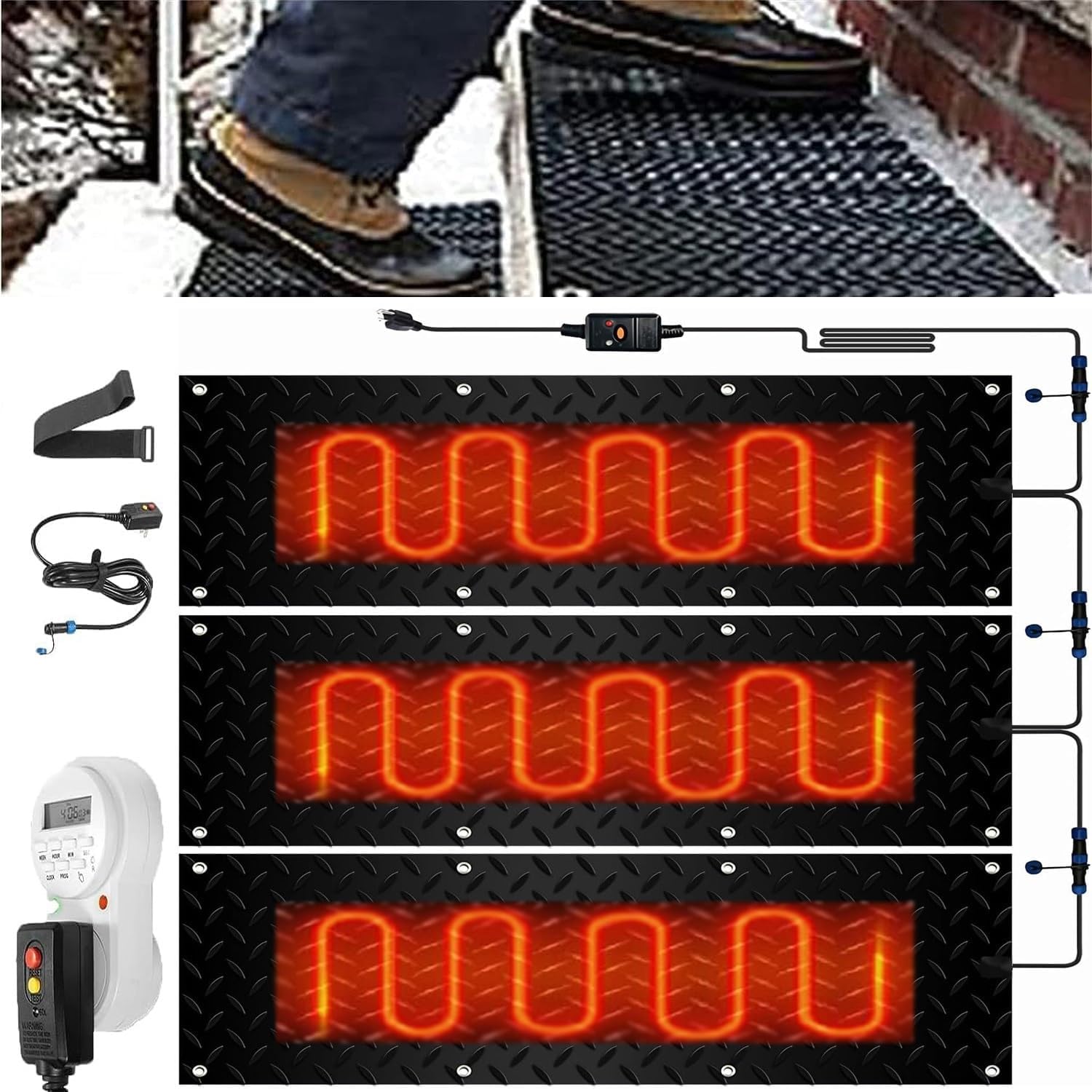Heated Snow Melting Mats with Timer for Entrances-3/4 Pcs,Heated Snow Melting Mats for Stairs,Heated Outdoor Mats,Now Winter Removal,No-Slip Stair Heating with Time(3 Pcs-10x48in/(25.4x121.9 cm))
