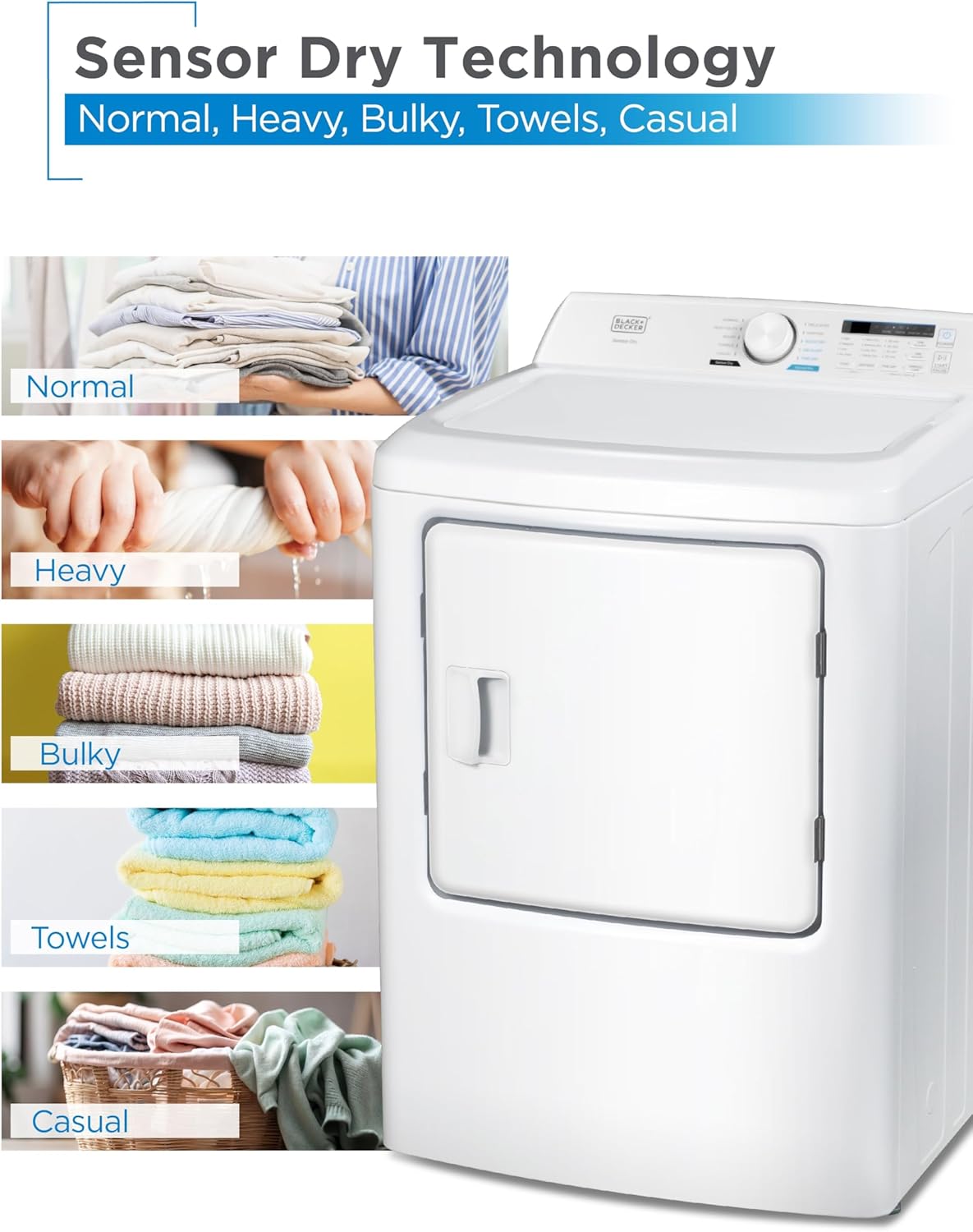 BLACK+DECKER 7.0 Cu. Ft. Front Load Dryer, Electric Clothes Dryer with LED Display and Dial Control, 5 Sensor and Manual Dry Selections, 240V, Requires Professional Installation, BLD67ME, White