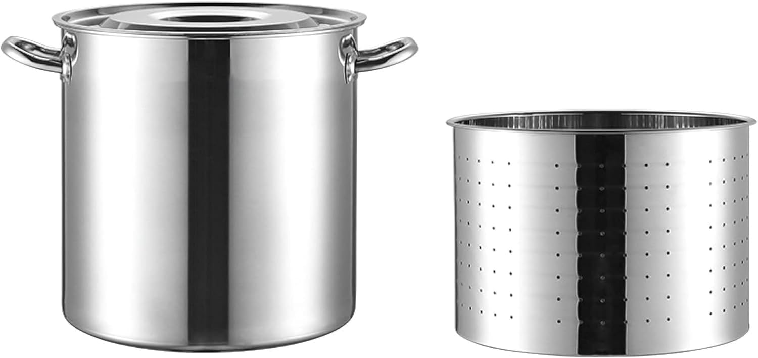 Big Volume Stainless Steel Stockpot w/Basket - Turkey Deep Fryer Pot for Seafood, Crawfish, Steaming, Boiling with Lid & Welded Handles for Outdoor Cooking & Home Brewing, 27QT/45QT/63QT (Siliver 70L/