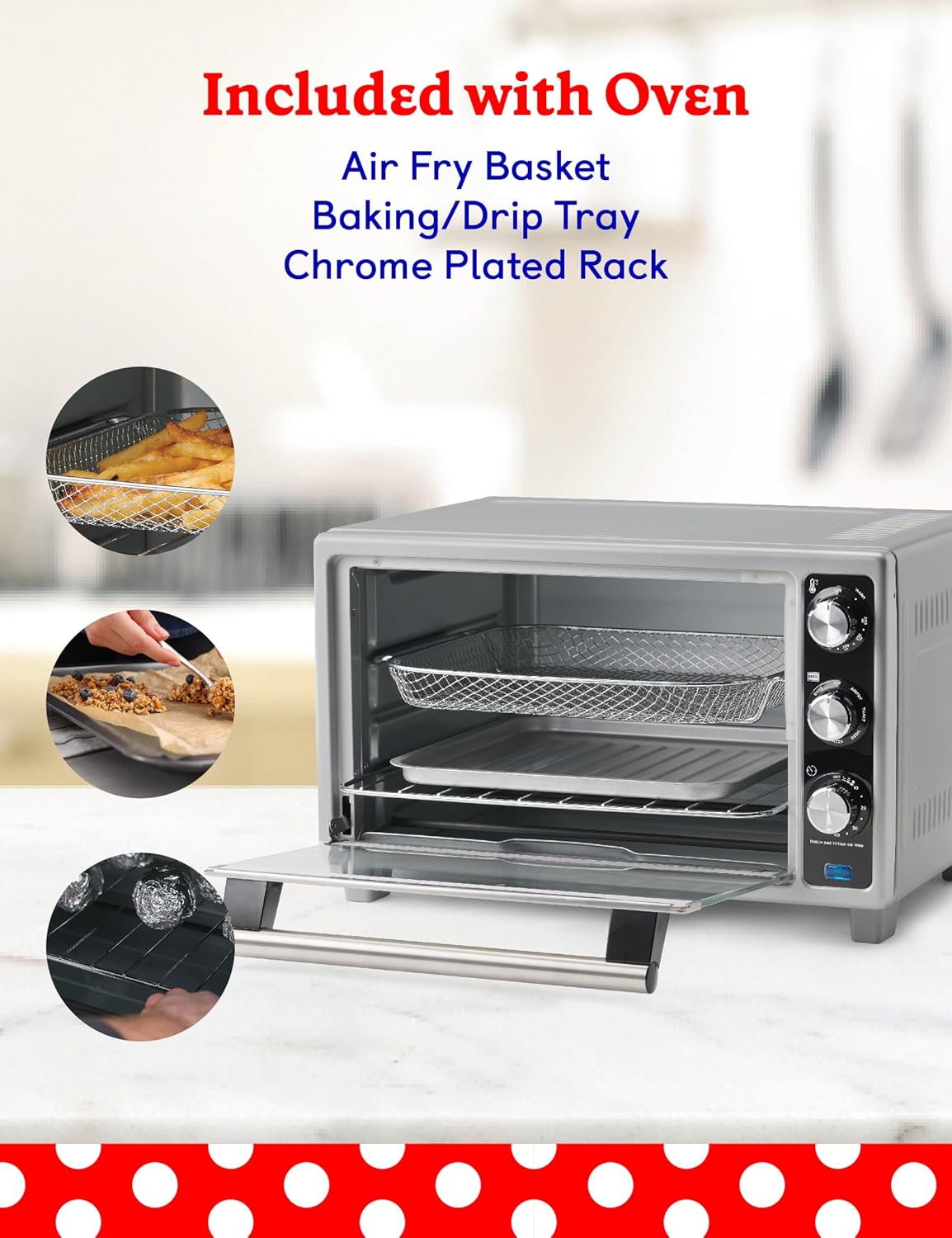 Betty Crocker Air Fryer Convection Toaster Oven, Multifunction 6-Slice Toaster and Air Fryer Oven, 0.8 Cu. Ft. 6 Slice Capacity AirFryer Toaster Oven Combo, 7 Function Convection Oven,Silver