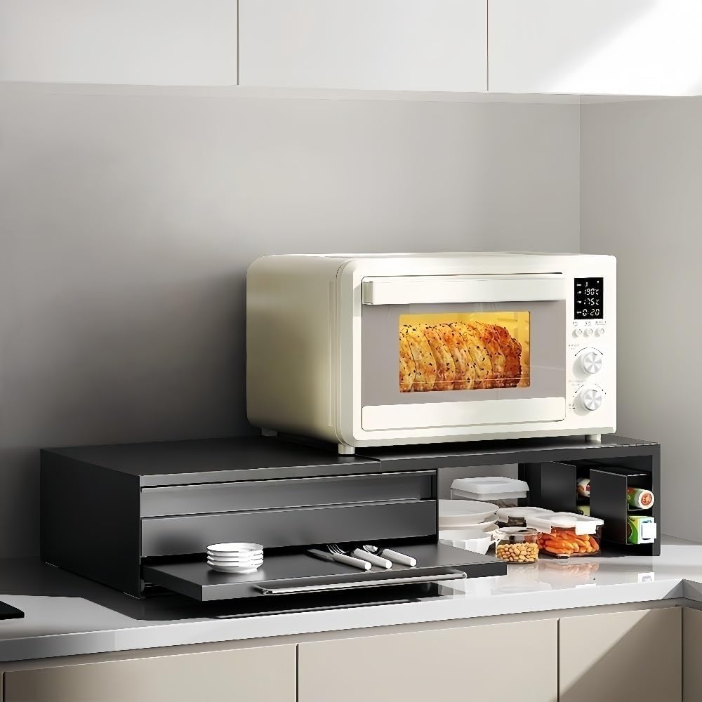 Expandable Microwave Stand with Drawer, 2-Tier Kitchen Countertop Organizer for Microwave Oven, Coffee Station, Pantry Storage(Black)