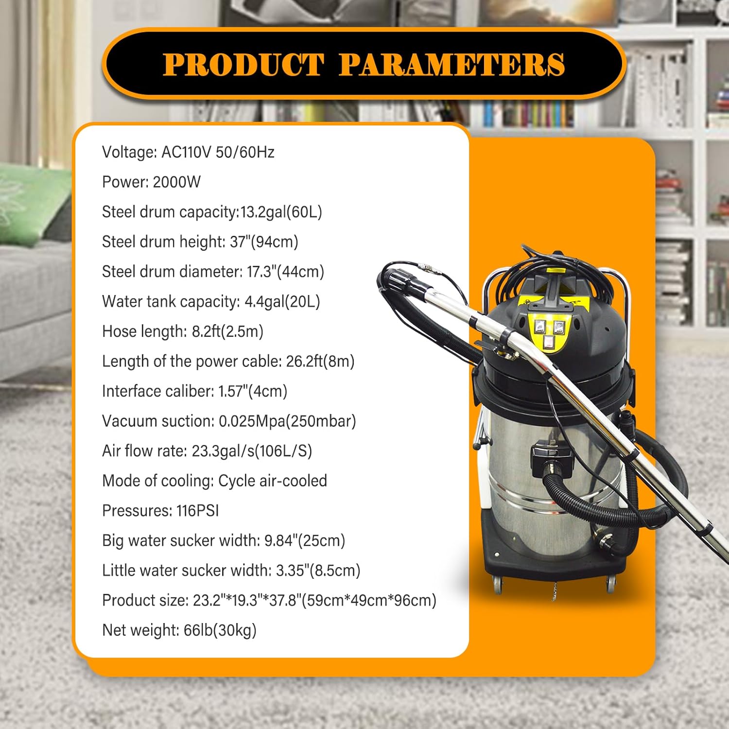 2000W Carpet Extractor 13.2Gal Upholstery Cleaning Spraying Machine Carpet Wet/Dry Cleaner Machine with 6 Joints 110V