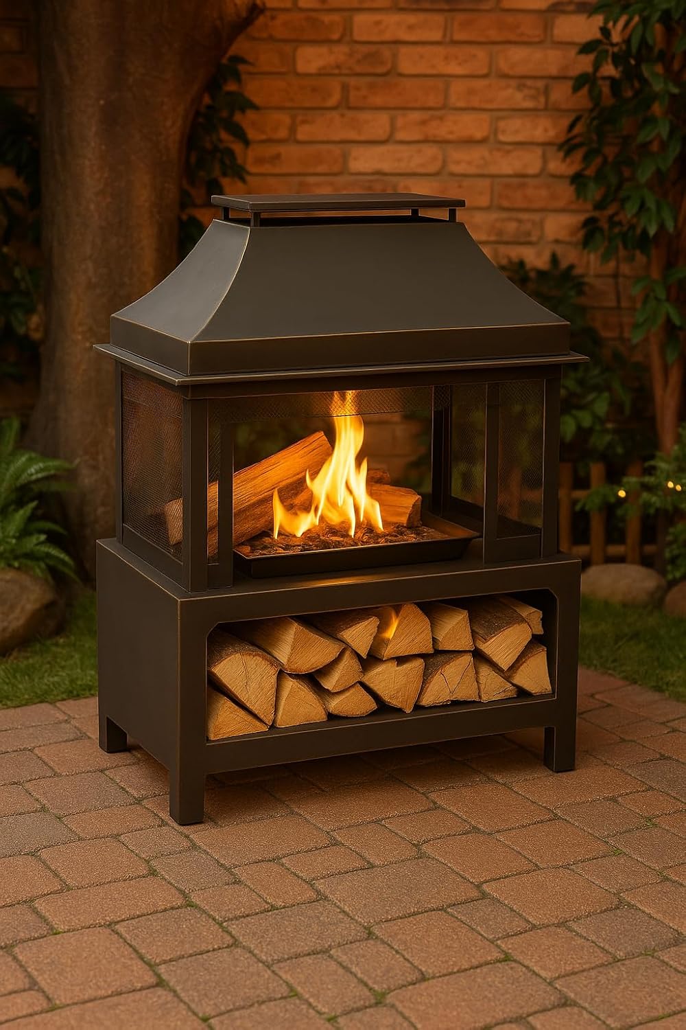 Outdoor Wood Burning Fireplace with Wood Storage and Removable Fire Grill - 40 Inch Large Metal Wicker Base Fire Pit for Patio Garden Deck Backyard, Black