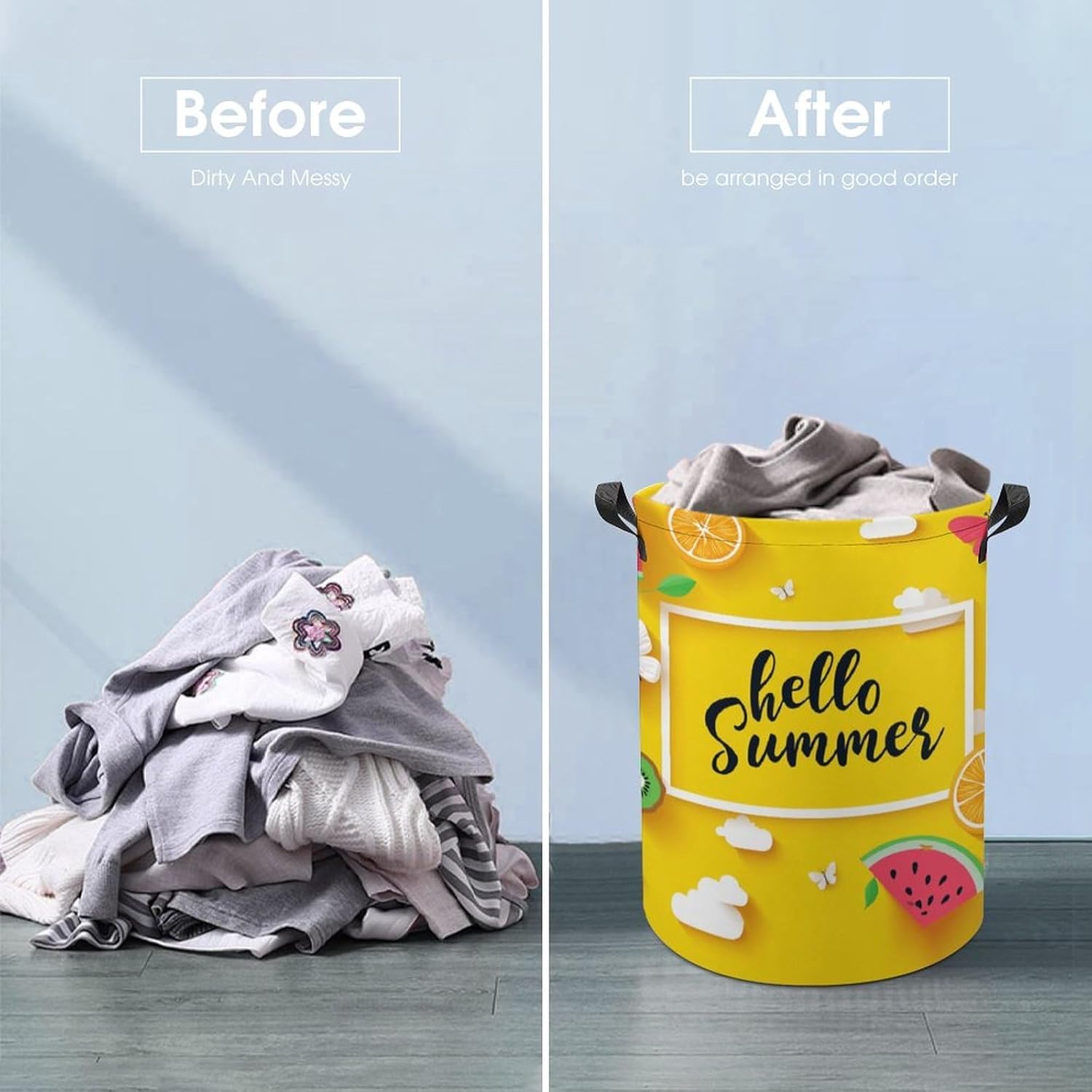 Kuizee Laundry Basket Collapsible Clothes Hamper Hello Summer Fruit Yellow Washing Bin Waterproof Round Oxford Cloth Storage Baskets for Bedrooms Clothes Toys,17.3x13.8 Inch