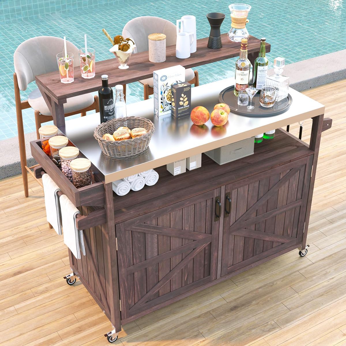 Outdoor Grill Cart with Storage Cabinet and Raised Shelf, Rolling Wood Outdoor Kitchen Island with Stainless Steel Top, Movable Grill Table for BBQ with Spice and Towel Rack (Brown)