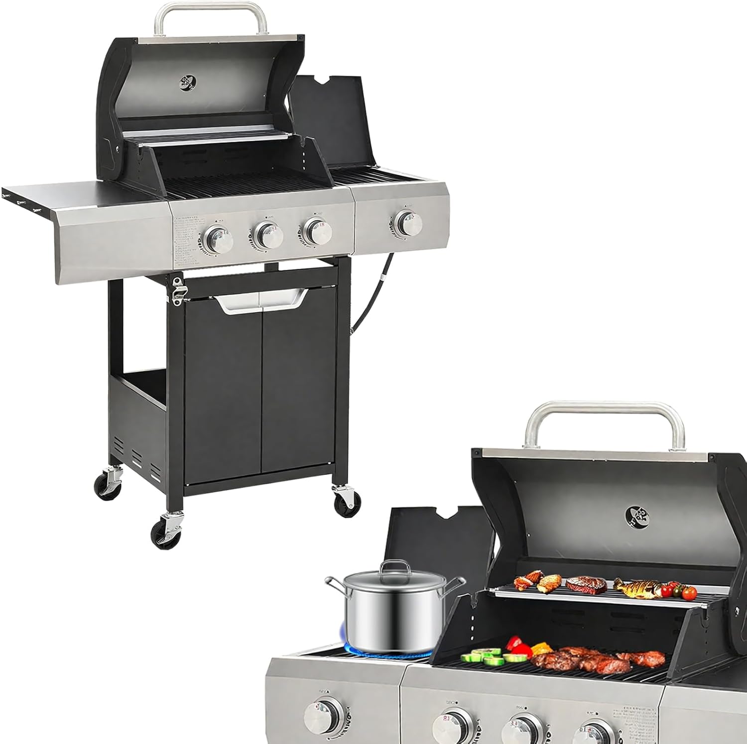 3-Burner BBQ Propane Gas Grill with Side Burner, 40,500 BTU Stainless Steel Patio Barbecue Grill with Waterproof Cover, Pull Out Grease Tray for Outdoor Cooking & Grilling (3+1 burner with cover)