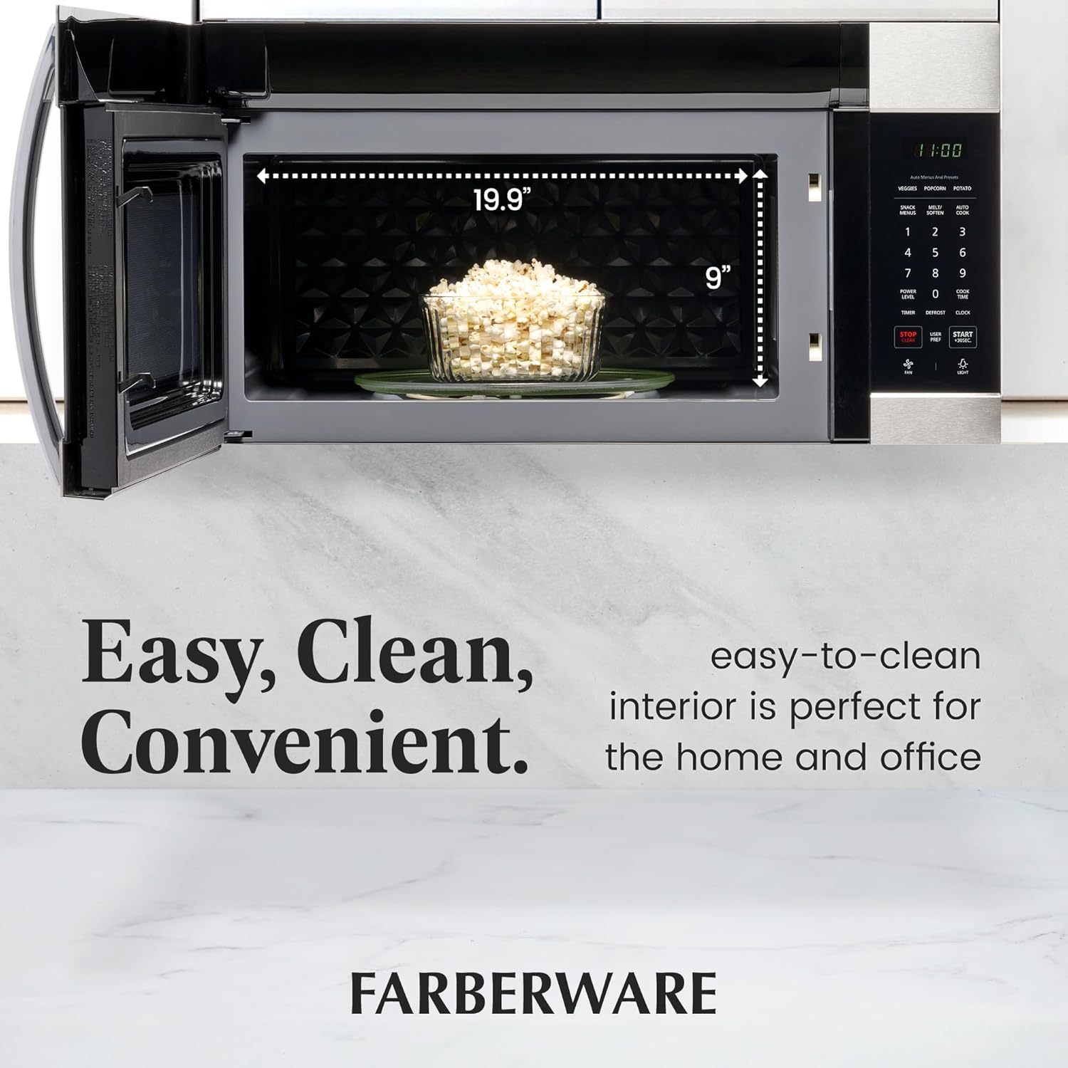 Farberware 1.7 Cu. Ft. Over-the-Range Microwave Oven – 1000 Watts Power, Auto Cook Settings, Defrost, Easy Clean and Child Safety Lock - Stainless