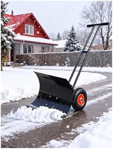 Heavy-Duty Hand Push Snow Shovel with Wheels, Manual Snow Blower, Double Pole Steel Rolling Snow Pusher for Efficient Winter Snow Removal (100x43cm/39.3x17in)