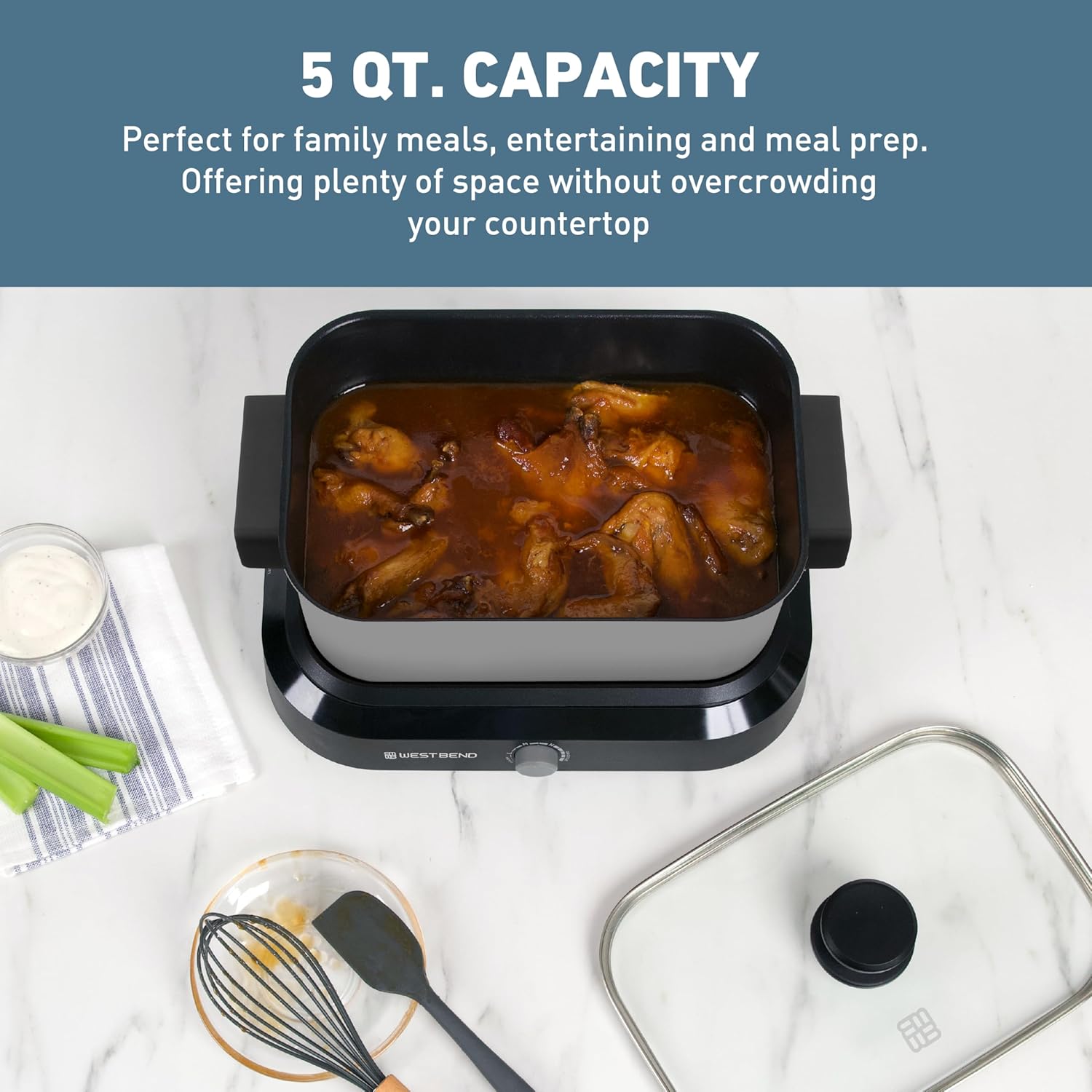 West Bend Versatility Slow Cooker Large Capacity Non-stick Cooking Vessel & Variable Temperature Heating Base Includes Travel Lid and Storage Bag, Range and Oven-Safe Cooking Pot, 5-Quart, Silver