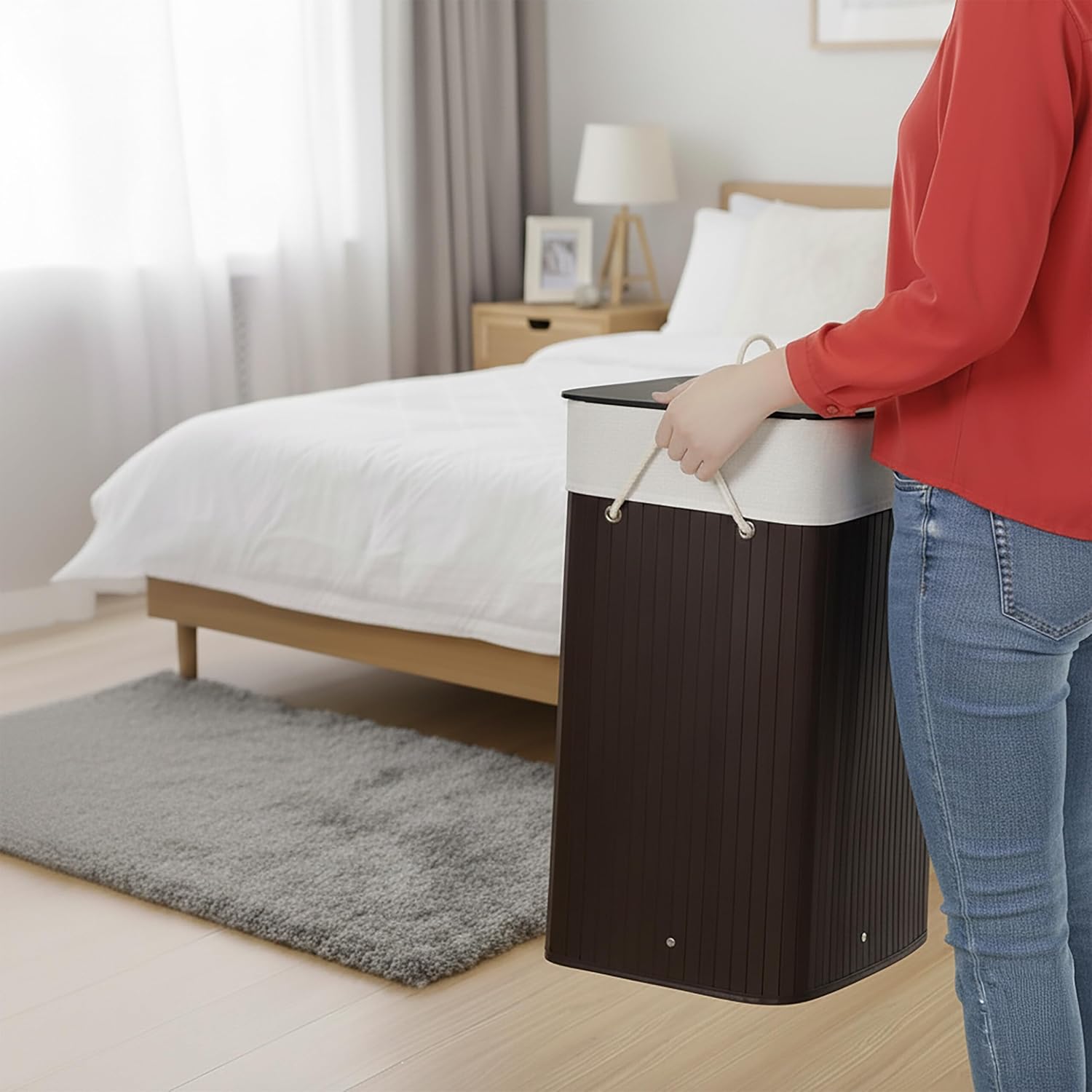 Relaxdays Laundry Basket with Lid, Bamboo, 80 L, Foldable Laundry Hamper, 60 x 40 x 30 cm, Laundry Basket, Dark Brown