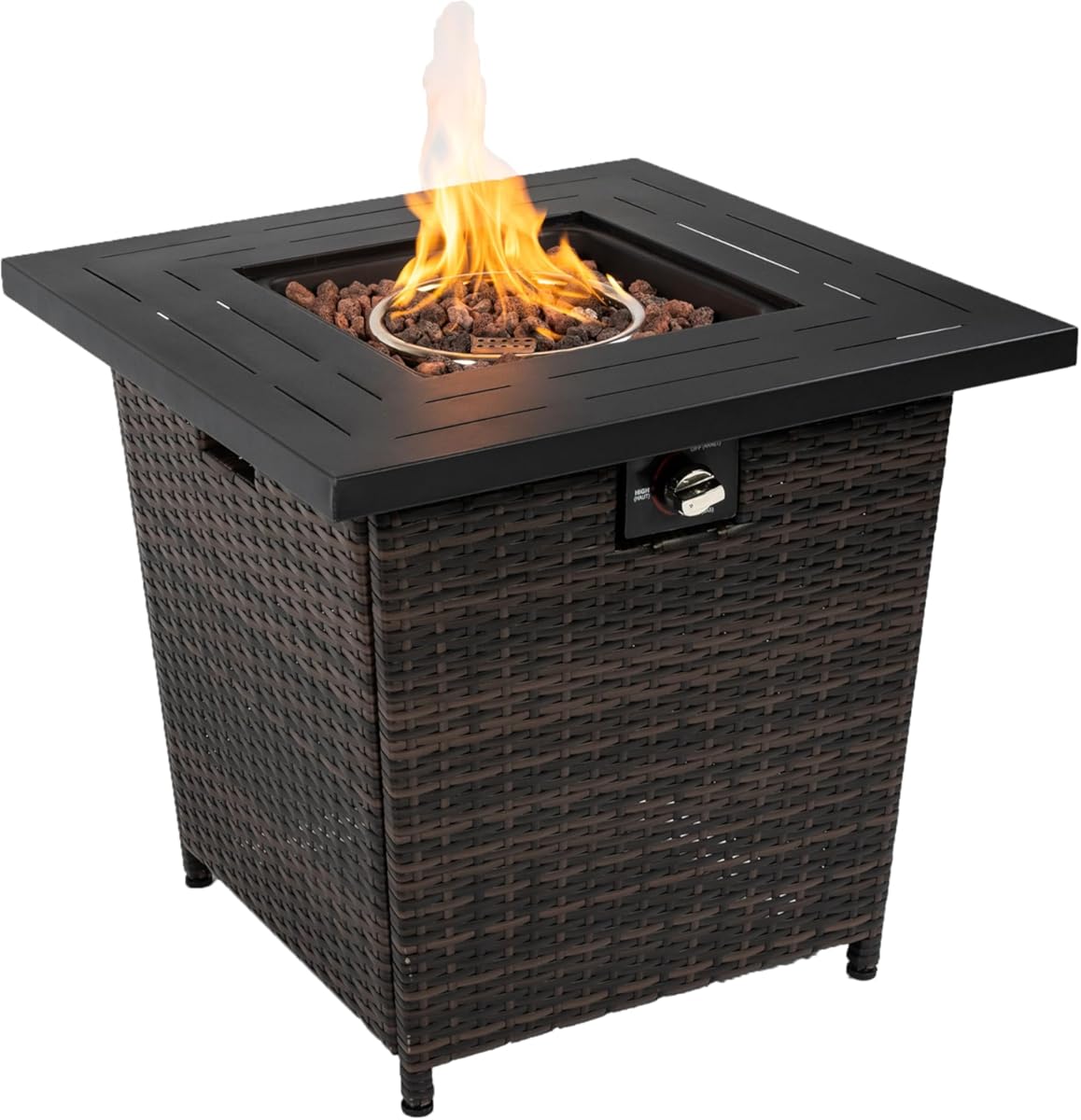 28 Inch Propane Fire Pit, Outdoor Fire Pit Table, 50000 BTU Square Steel Gas Fire Pits with Lid and Beautiful Wicker Base, Add Warmth and Ambience to Parties On Outside Patio Deck Garden, Black Brown