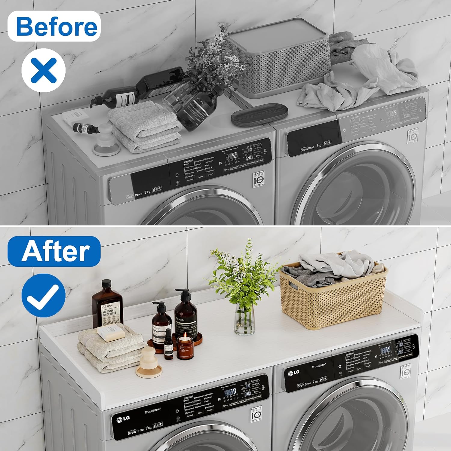 efluky Washer Dryer Countertop, Wood Countertop with Edge Rails for Laundry Room Organization and Storage, Washer Dryer Topper for Laundry Room, 27.5