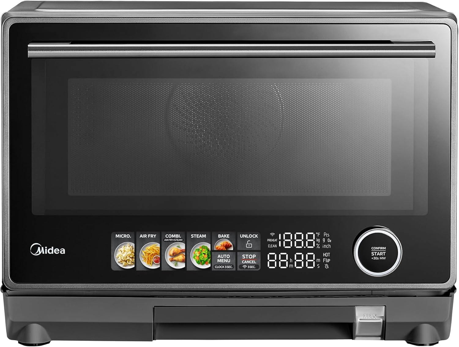 Midea 4-in-1 Multifunctional Microwave Steam Oven, Combo Air Fryer, Steamer & Microwave Oven, 32 Auto Functions, Adjustable Power and Temperature, Color Screen Touch Control, 0.9CU.FT./23L