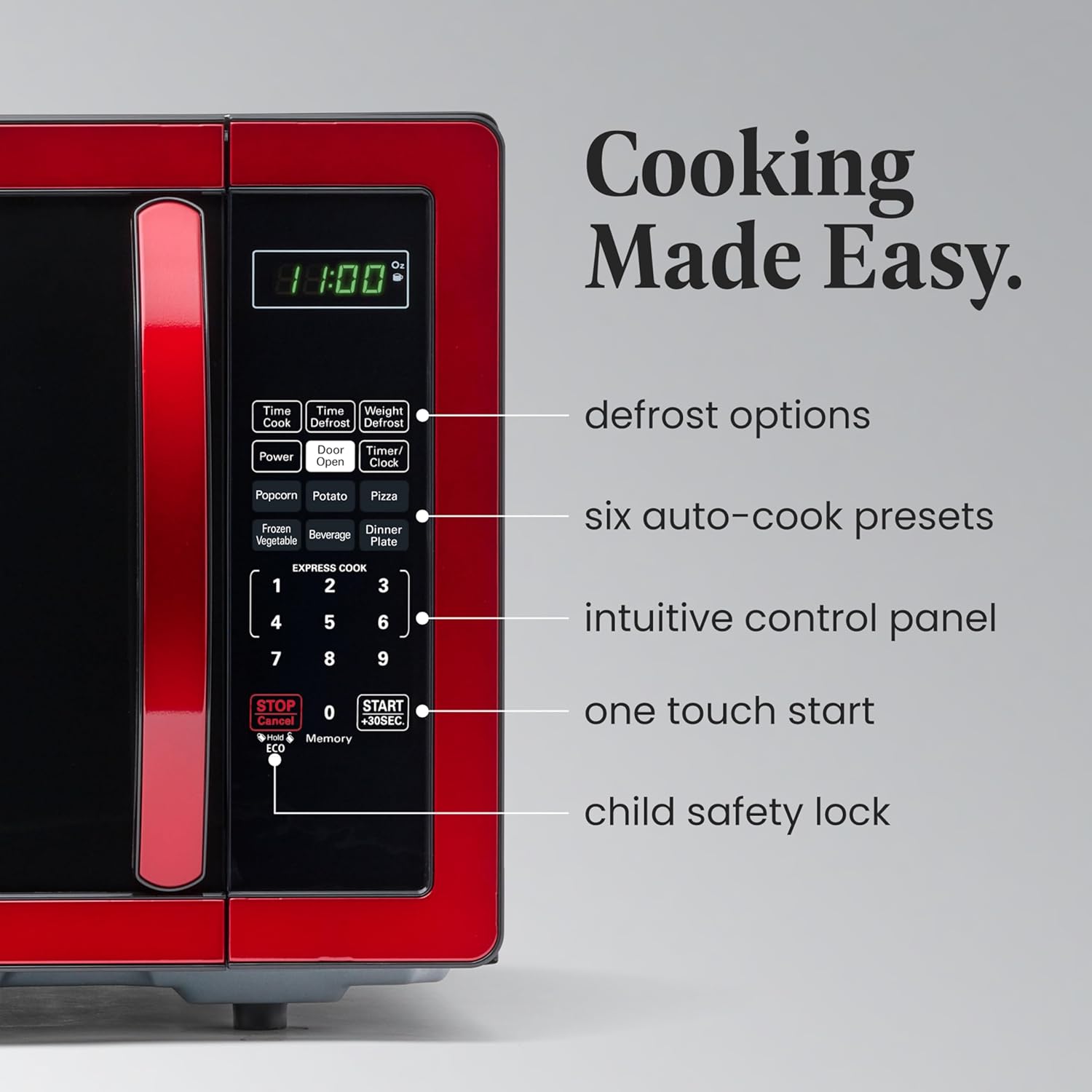 Farberware 1.1 Cu. Ft. Countertop Microwave Oven – 1000 Watts Power, Auto Cook Settings, Defrost, Easy Clean and Child Safety Lock - Metallic Red