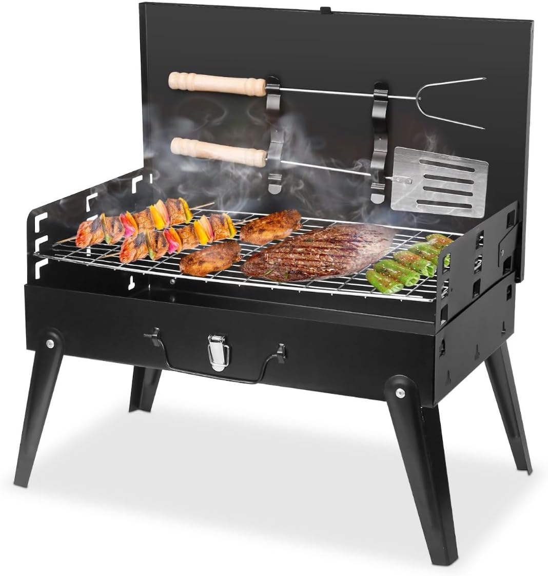 Portable Charcoal Grill - Foldable BBQ Suitcase with Shelf - Ideal for Camping Picnics and Garden Grilling