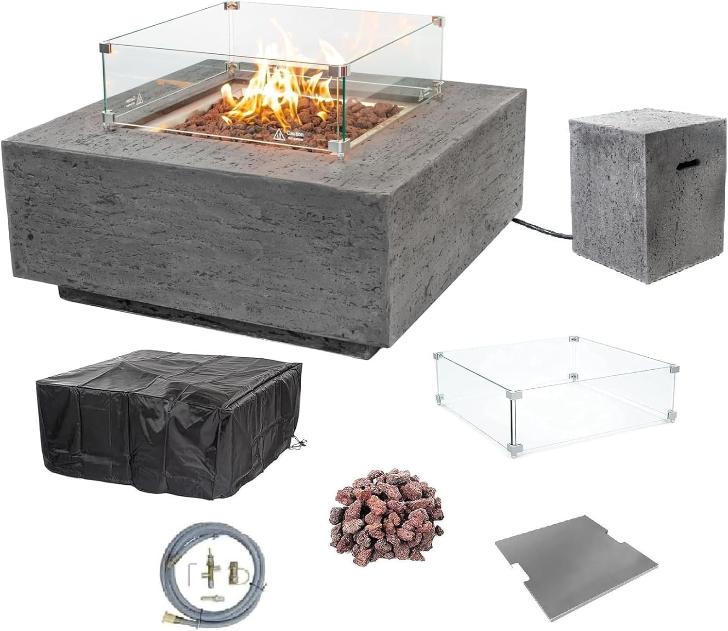 AMS Creations | Albany 36 inches Square Propane Gas Outdoor Fire Pit Table | Concrete GFRC Fire Pit Table | with SS Lid, Canvas Cover, Tank Cover, Lava Rock and Wind Guard Included