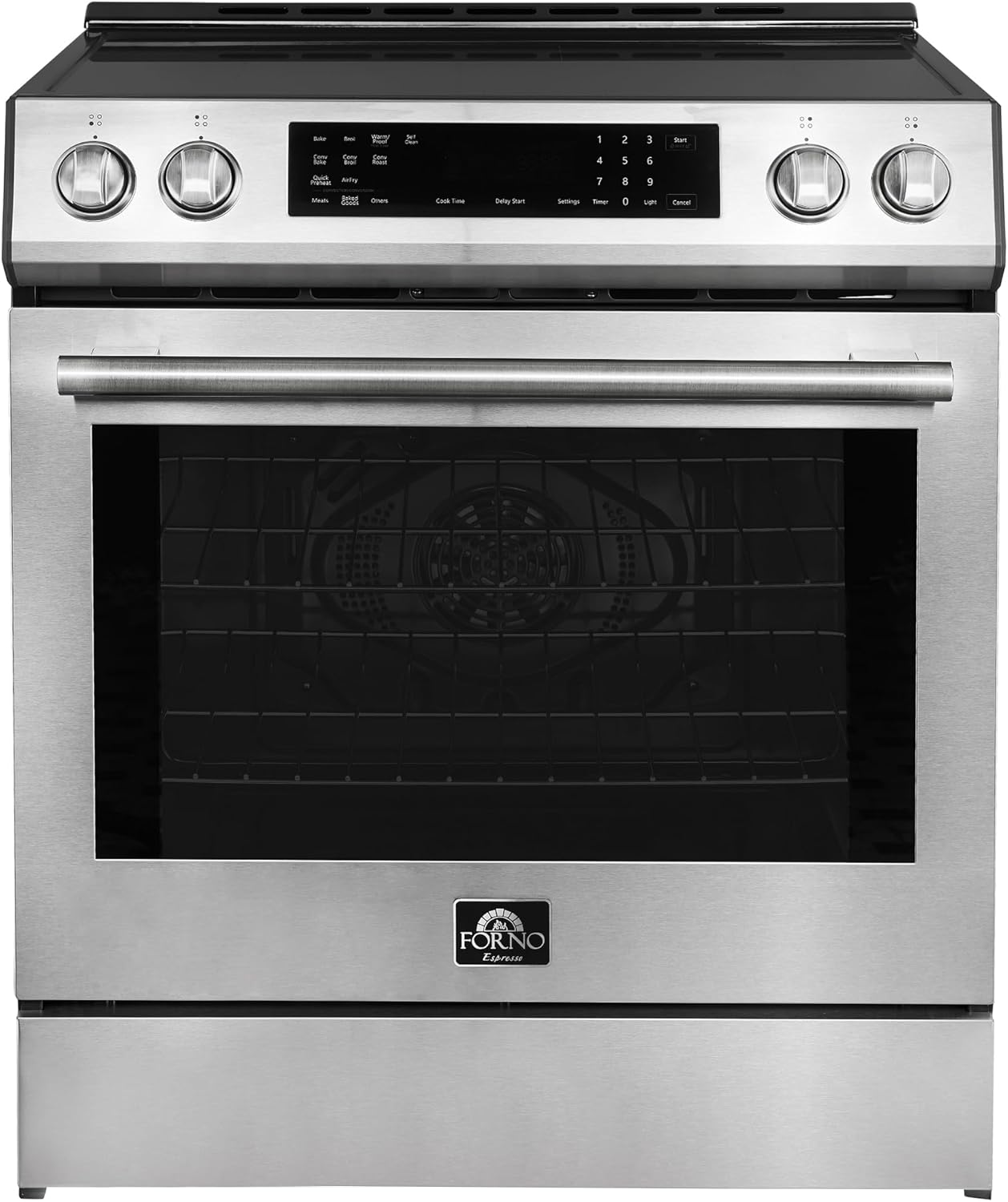 FORNO 30-Inch Espresso Donatello Freestanding Induction Range - 5.0 cu. Ft. 240V 8100W LED Screen with 4 Radiant Elements & 2 Oven Racks - Stainless Steel Kitchen Induction Range with Convection Oven