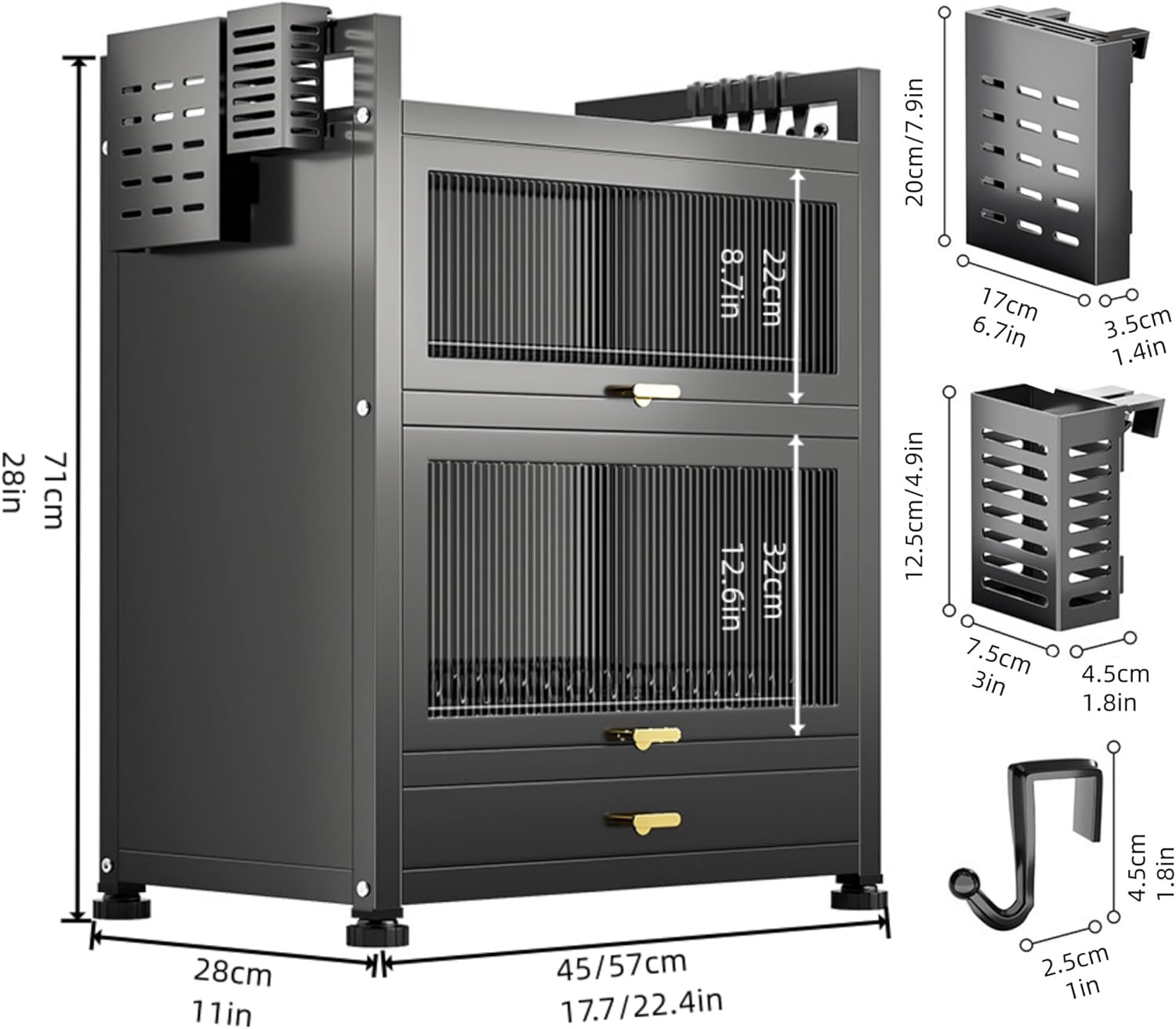 Kitchen Countertop Dish Cabinet with Drawers, Countertop Pantry with Drain Trays and Doors, Multifunctional Microwave Oven Rack, Space-Saving Dish Organizer for Dining room(White,17.7''x11.4''x28'')