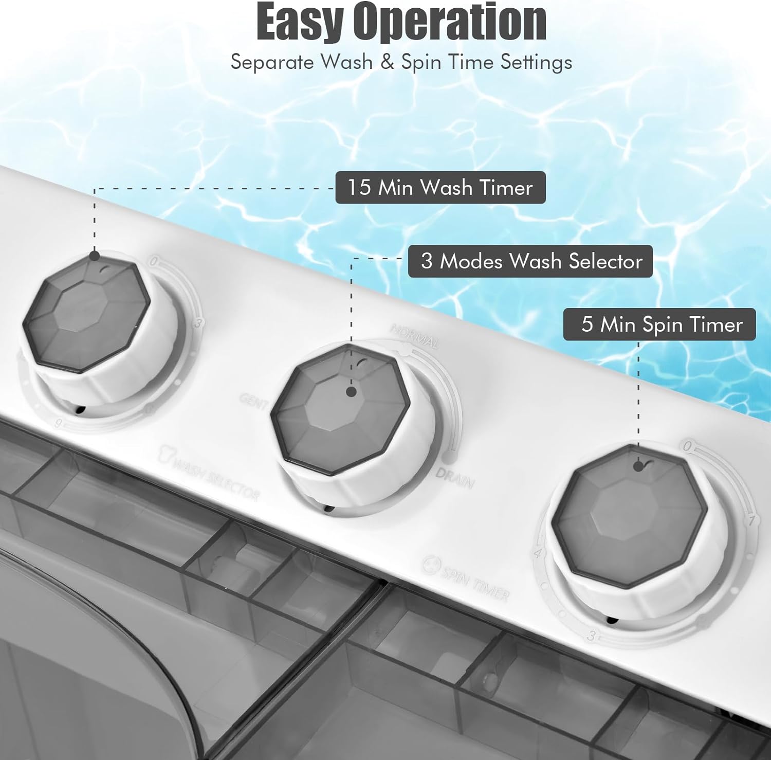 COSTWAY Portable Washing Machine, Twin Tub 26lbs Capacity Laundry, 18lbs Washer and 8lbs Spinner Combo with Timer Knobs, Built-in Drain Pump, Compact Washer for Home Dorm Apartment (Grey+White)