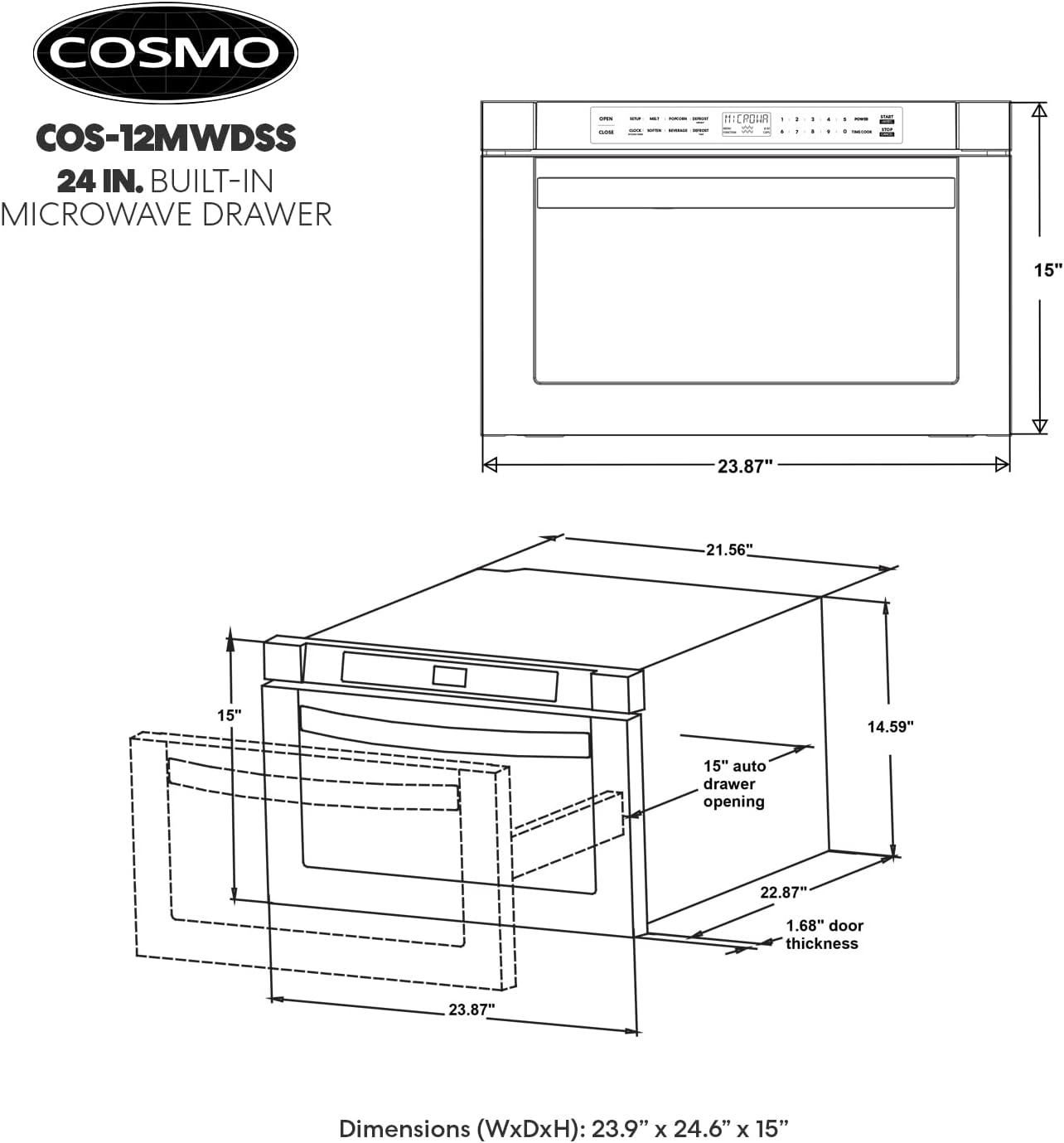 COSMO COS-12MWDSS 24 in. Haven Collection 1.2 cu. ft. Built-in Microwave Drawer, Touch Controls, Defrosting Rack in Stainless Steel