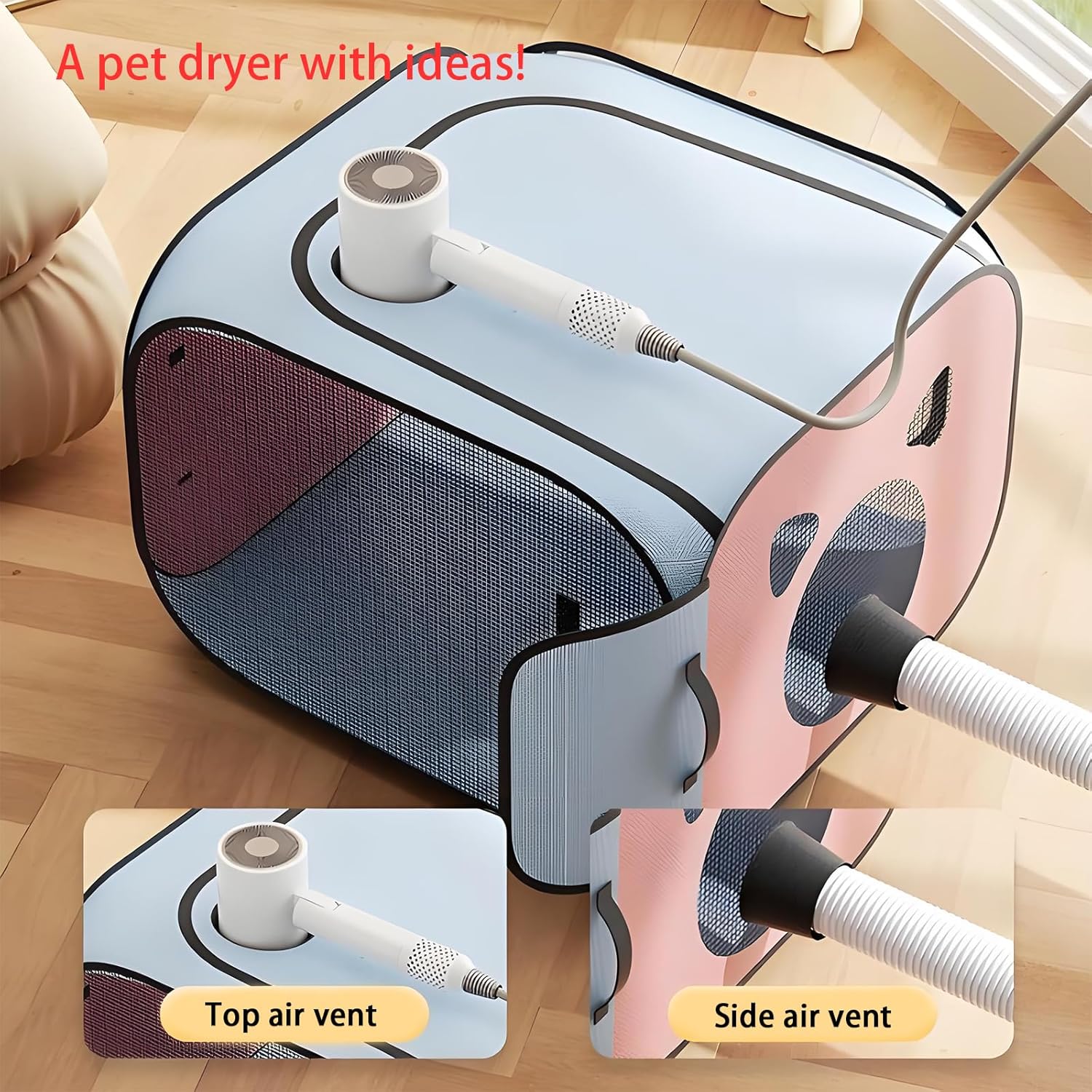 Pet Dryer with Pet Dryer Box 108L and Pad, Hands-Free, Ventilation and Circulation, Anti Hair Flying, Foldable Low Noise ldeal for Drying Cat and Dog Hair