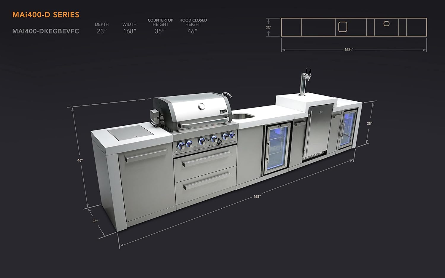 Mont Alpi MAi400-DKEGBEVFC 32-Inch 4-Burner 78000 BTU Deluxe Island Outdoor Kitchen Bar Gas Grill w/ 3 Beer Tap Kegerator Keg Dispenser + Wine Cooler Beverage Center Refrigerator & Granite Countertops