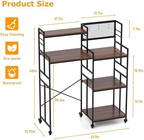 tonchean Mini Fridge Stand with Storage 6-Tier Kitchen Bakers Rack with Wheels Multi-Functional Microwave Oven Stand Table with Height Adjustable Shelves for Kitchen, Living Room, Office