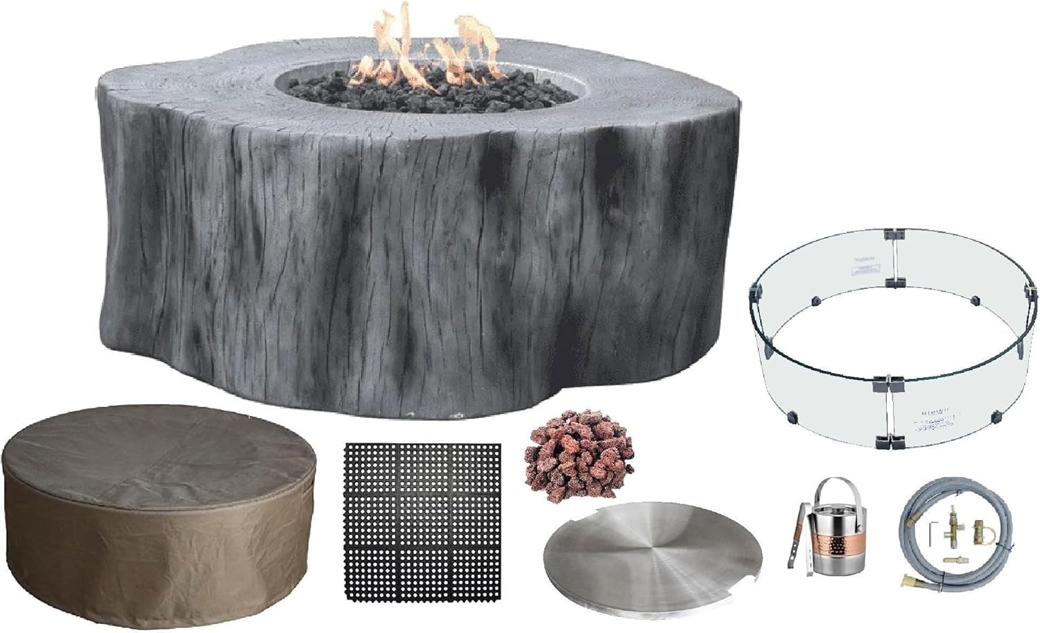 Elementi | Bundle Manchester Gas Fire Pit Cast Concrete Semi-Round Fire Table, Outdoor Fire Pit Electronic Ignition | Canvas Cover, Lava Rock Included | Classic Gray (Natural Gas)