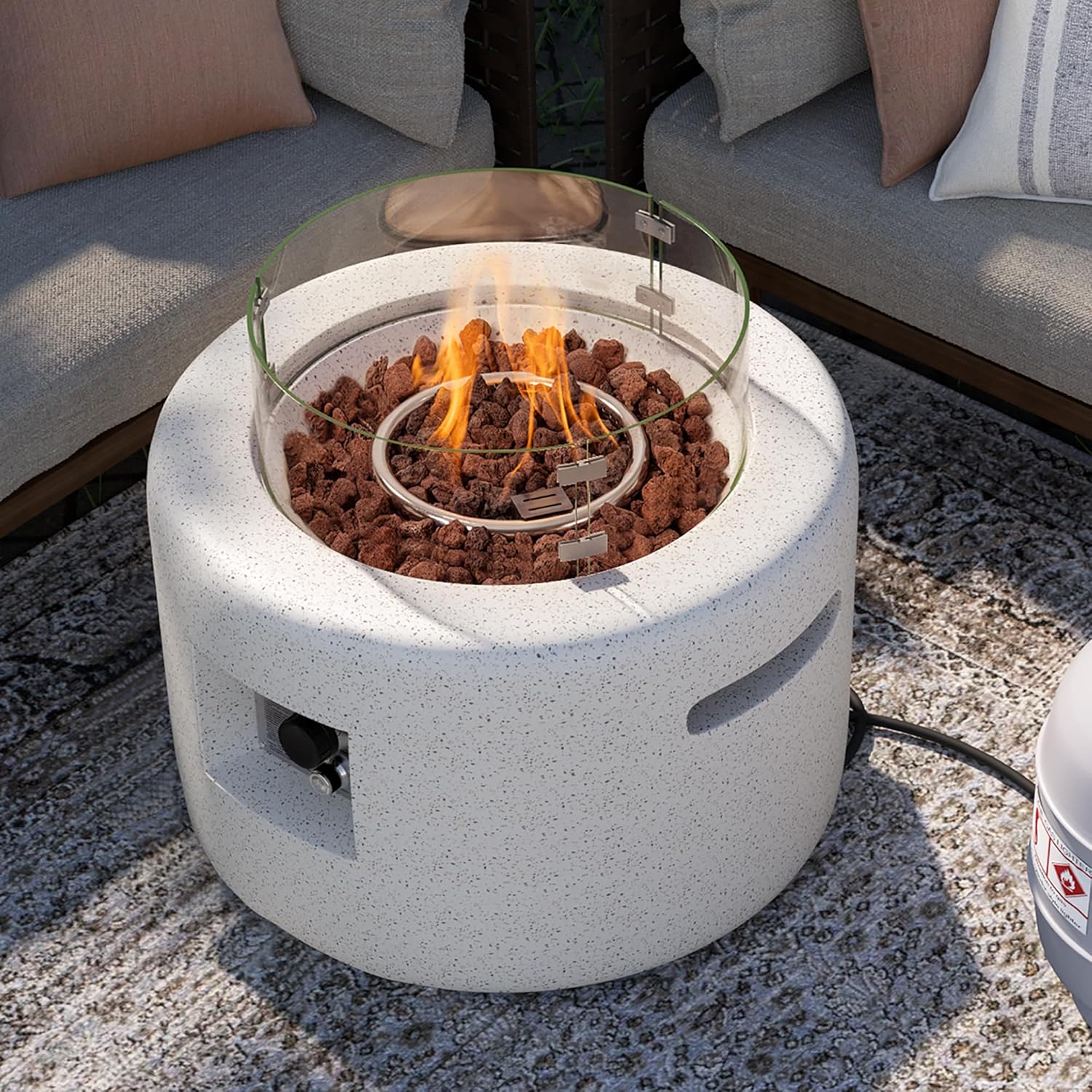 SUNBURY Outdoor Propane Fire Pit Table, 26 Inch Small Patio Gas Fire Table 50,000 BTU Column Fire Pit for Outside in Spotted White w Glass Wind Guard, Lava Rocks