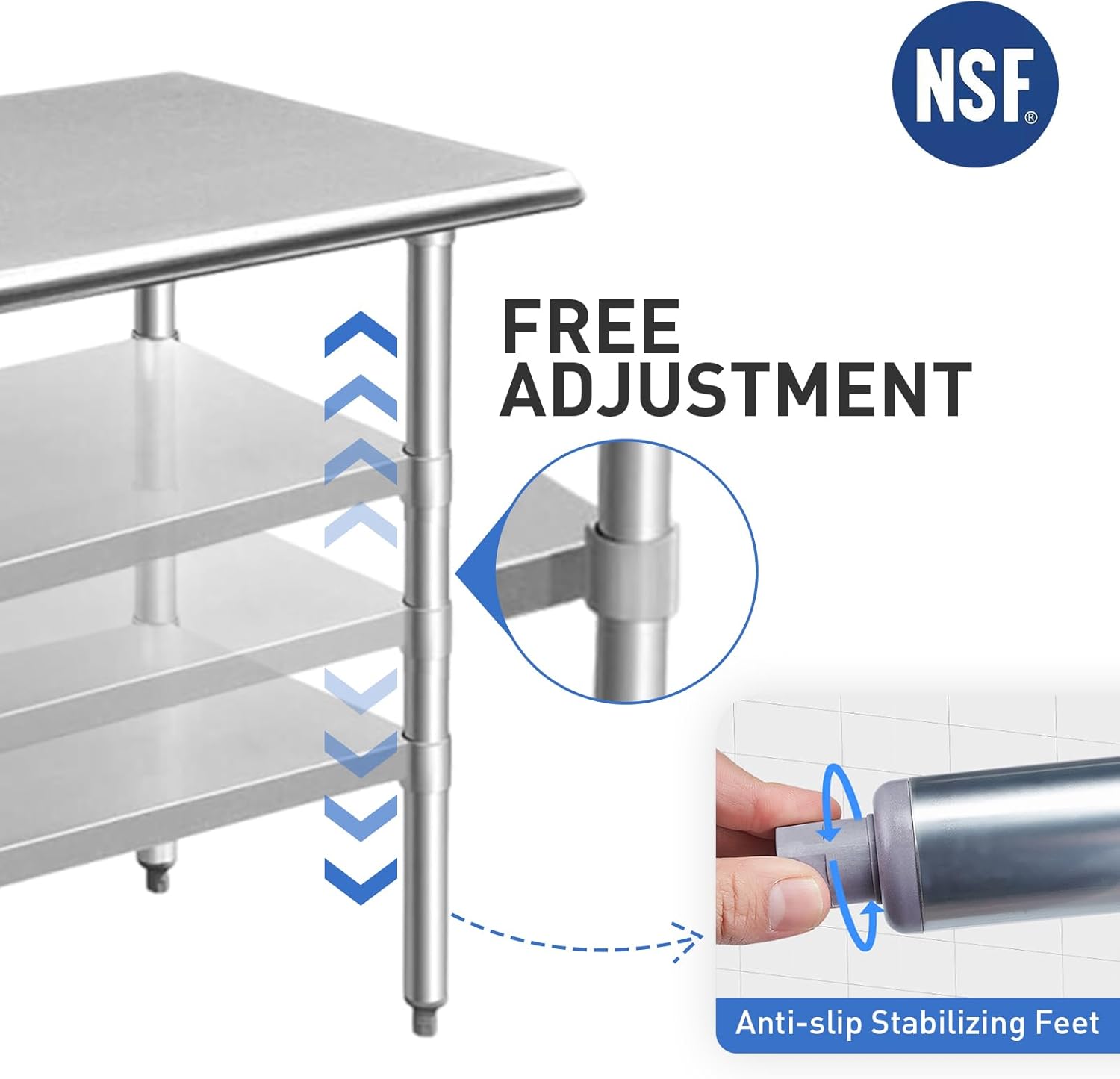 ROCKPOINT Stainless Steel Table for Prep & Work 24x48 Inches, NSF Metal Commercial Kitchen Heavy Duty Table with Adjustable Under Shelf and Table Foot for Restaurant, Home and Hotel