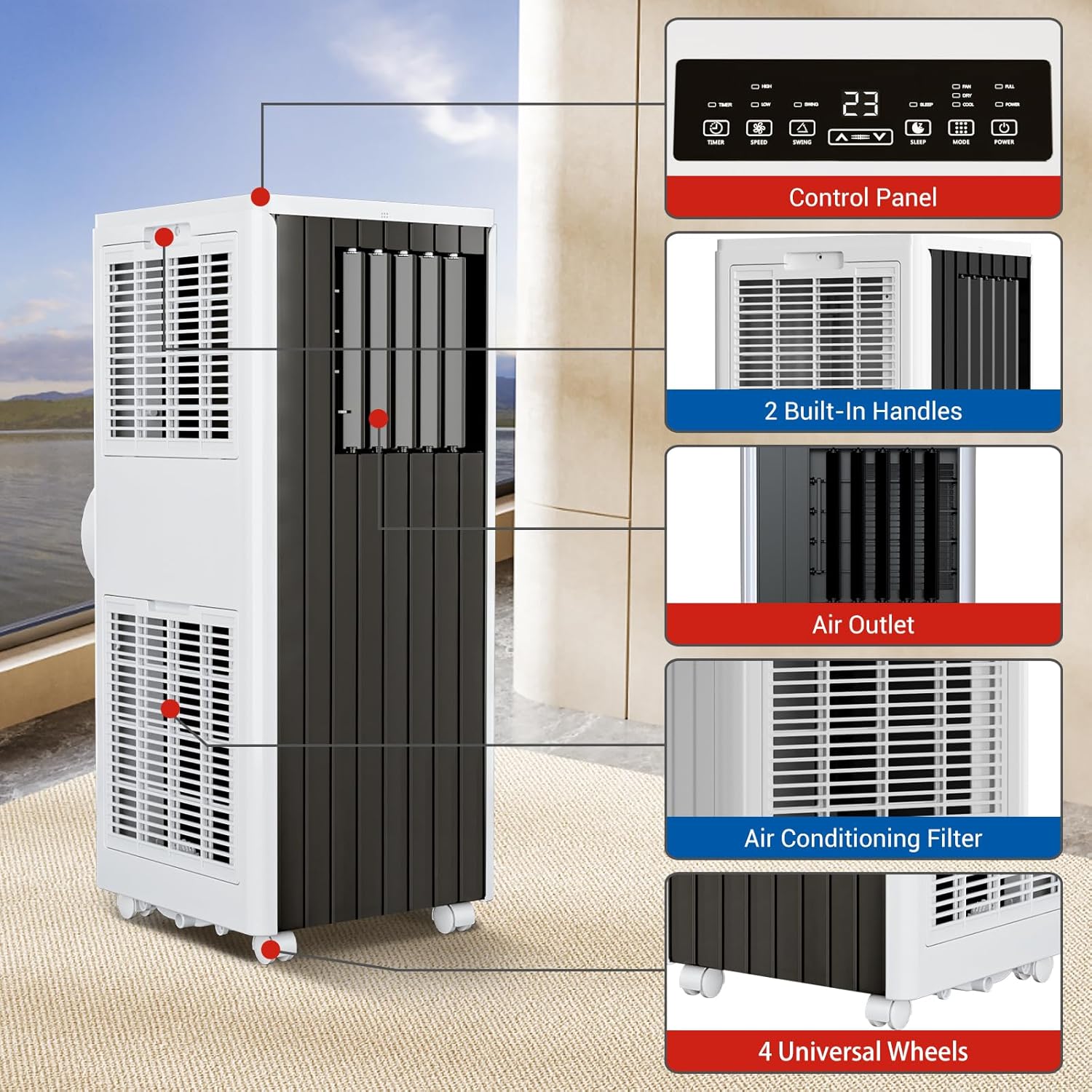 8000BTU Portable Air Conditioner New Model, Efficient Cooling for Small to Medium Rooms, Compact and Lightweight Design, Easy to Move with Wheels, Quiet Operation, Includes Window Venting Kit for Quic