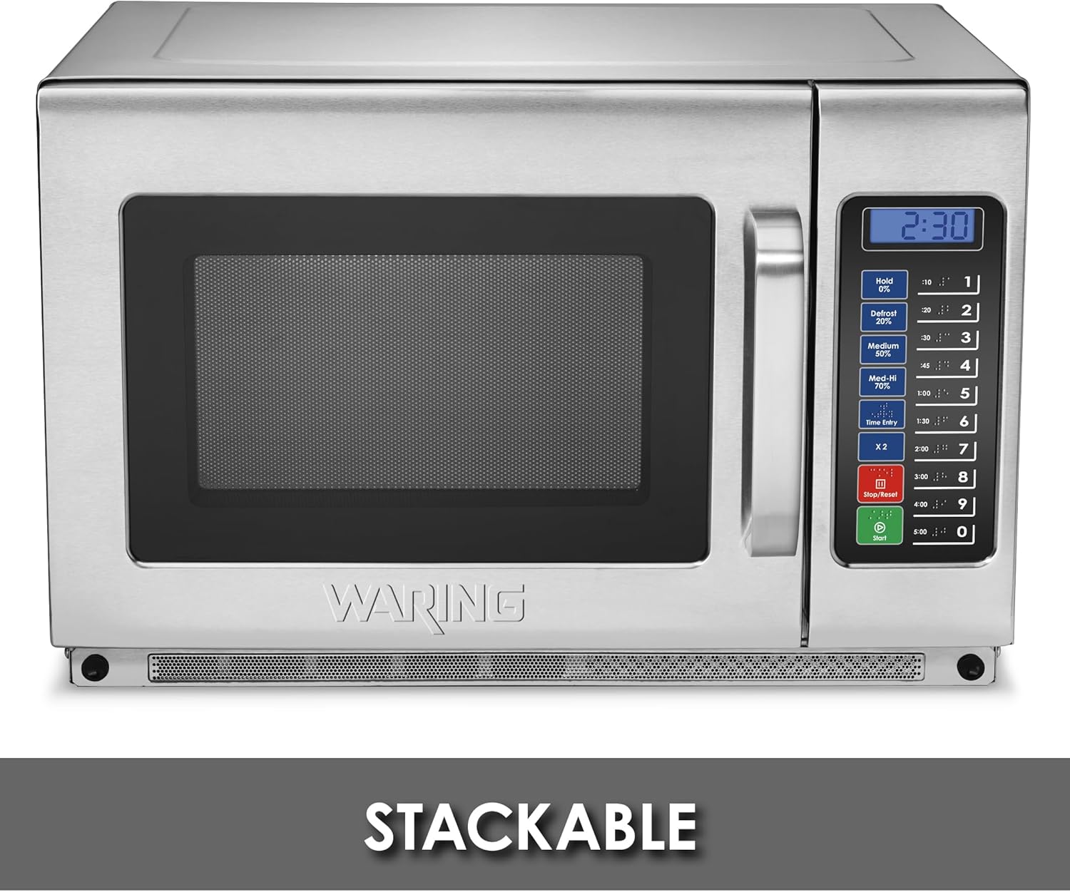 Waring Commercial WMO120 Heavy Duty Microwave Oven, 1.2 Cubic Feet, 10 Programmable Memory Settings, 5 Power Levels, Stainless Steel Construction, 208/230V, 1800W Dual Magnetrons, 6-15 Phase Plug