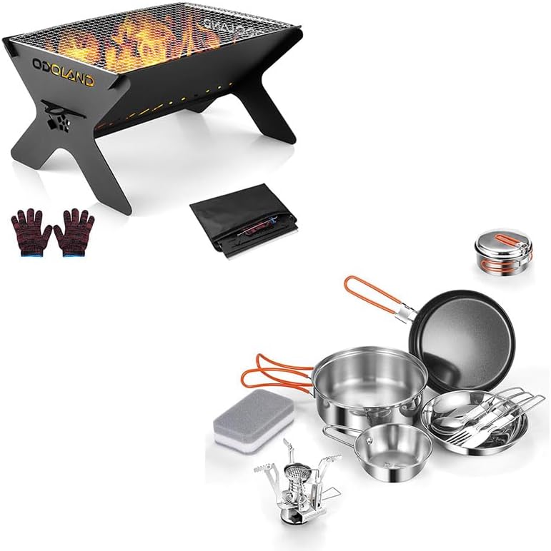 Odoland Bundle - 2 Items Camping Campfire Grill and 10pcs Stainless Steel Camping Cookware