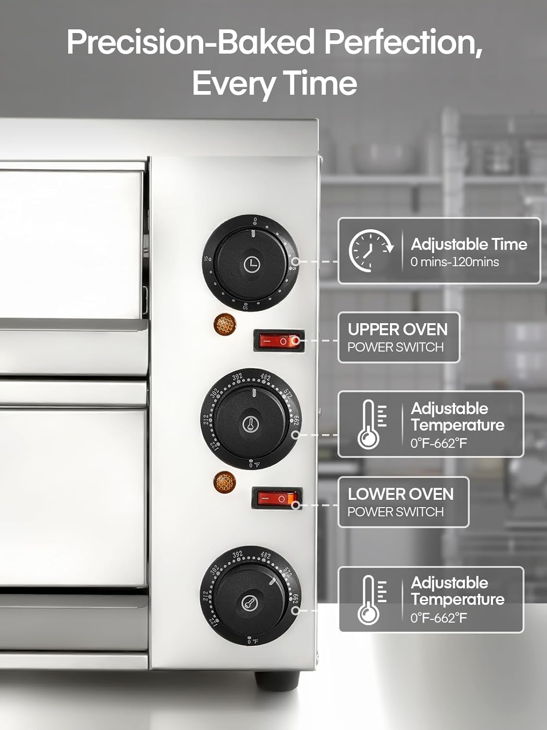 12 Inch Commercial Pizza Oven, Countertop Pizza Ovens with 662°F Max Temp, 2-Layer Electric Pizza Cooker with Alert Timer, 2200W Stainless Steel Pizza-Maker Machine, for Restaurant,Home, Party