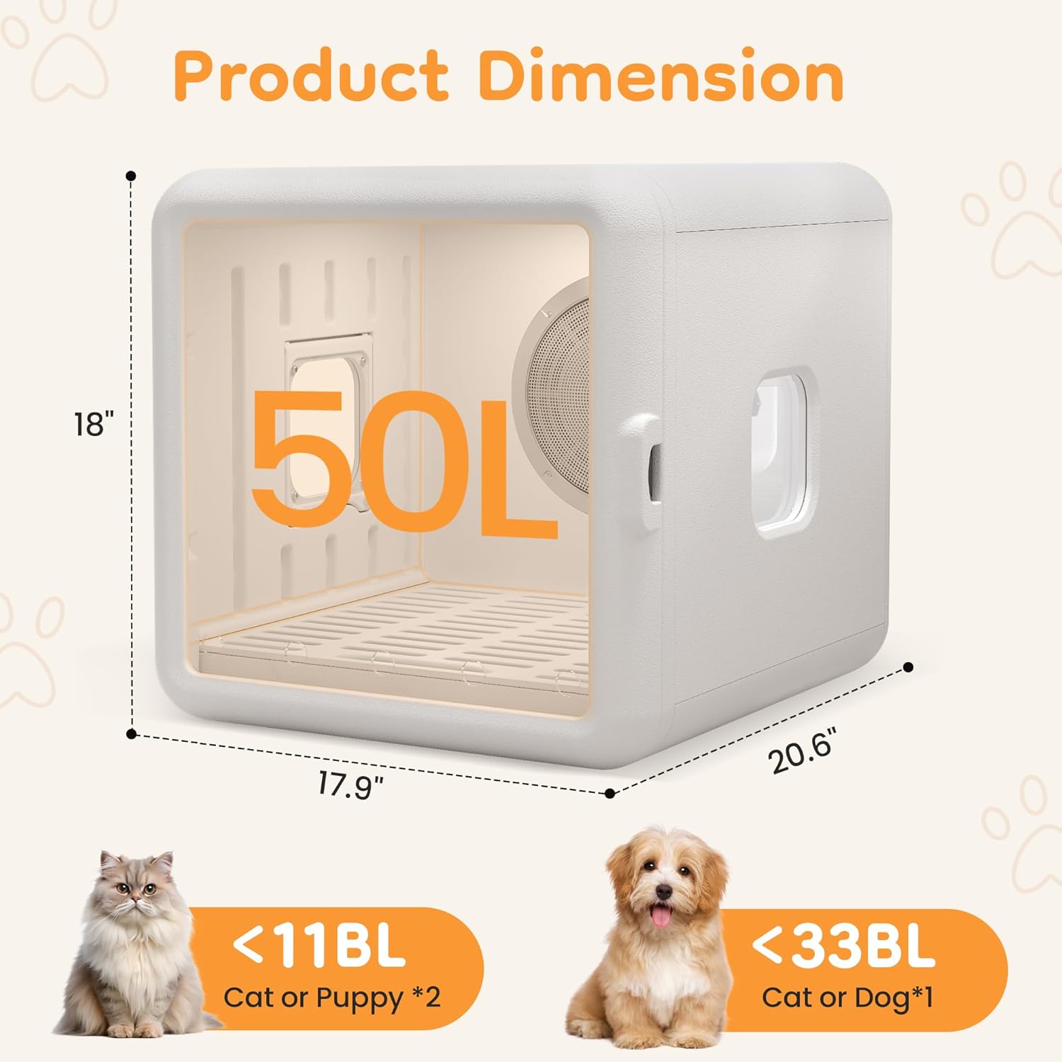 Smart Pet Dryer Box for Cats & Small Dogs: 65L Large Capacity Drying Machine, Ultra-Quiet 50dB Hair Dryer for Pets with Adjustable Temp, Portable Dog Cat Dry Box for Grooming
