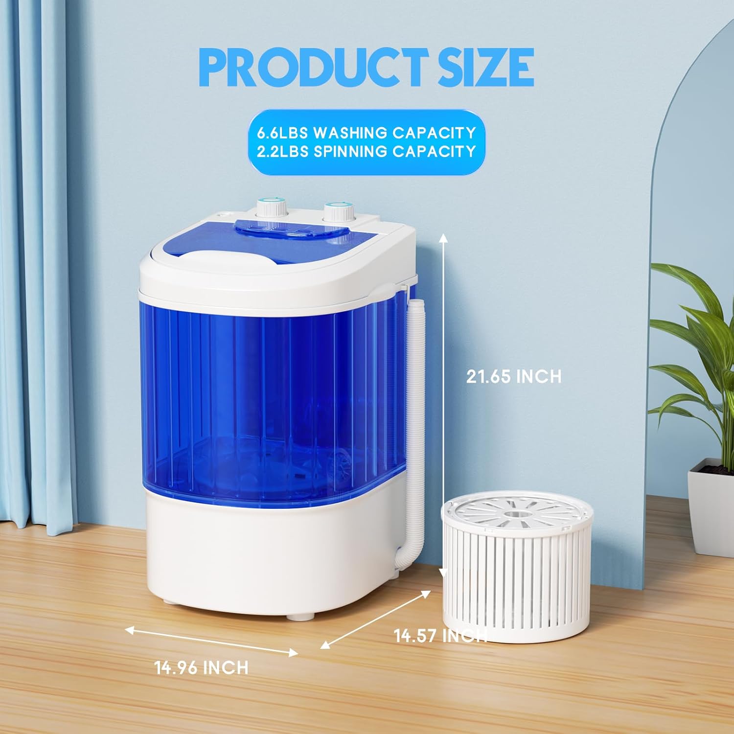 Superday Mini Portable Washing Machine, Single Tub Compact Washing Machine with Spin Cycle, 6.6LBS Washing Capacity Small Electric Washer Machine for Home, Apartments, Outdoor, RV, Dormitory, Blue