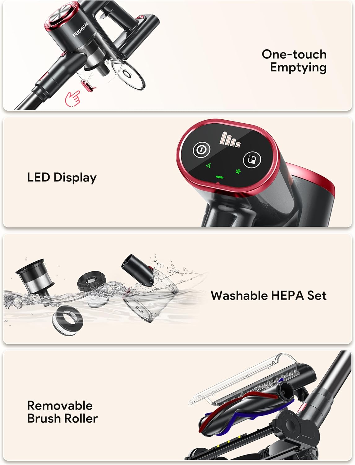 FUFACAL Cordless Vacuum Cleaner, 23KPA Stick Vacuum with 42Mins 2200mah Detachable Battery, 6 in 1 LED Display Lightweight Cordless Stick Vacuum Cleaner, Vacuum Cleaner for Home Hard Floor Car Carpet