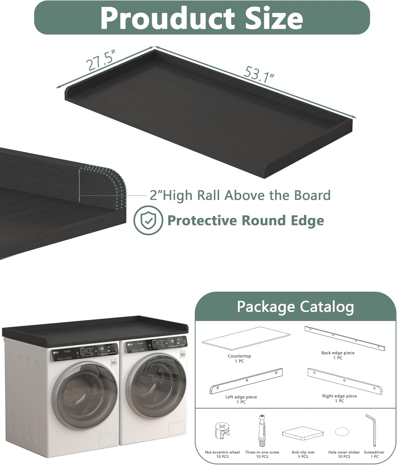 Piskyet Washer Dryer Countertop,Laundry Countertop with Edge Rails,27.5