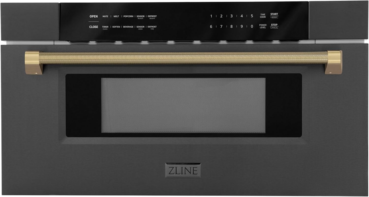 ZLINE Autograph Edition 30 in. 1.2 cu. ft. Built-in Microwave Drawer in Black Stainless Steel and Champagne Bronze Helix Handle (MWDZ-30-BS-KCB)