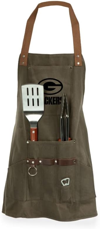 PICNIC TIME NFL BBQ Apron with Tools & Bottle Opener, (Khaki Green with Beige Accents)