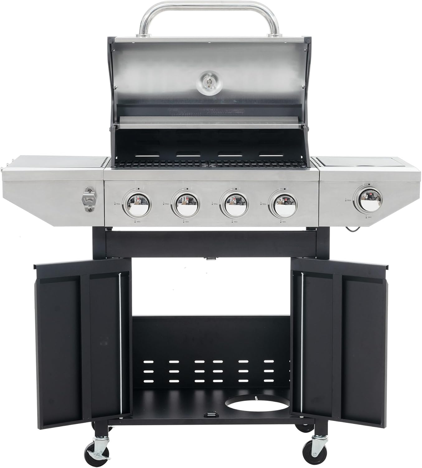 Propane Gas Grill with 4 Main Burners & Side Burner, Outdoor BBQ Grill with Built-In Thermometer, Heavy Duty Cast Iron Grates, Lockable Casters for Easy Movement, Perfect for Patio & Camping