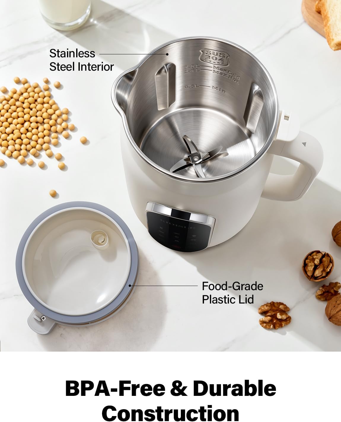 51oz Nut Milk Maker Machine, 10-in-1 Soup Maker with 140℉ Heating & 8H Keep Warm, Touch Screen Plant-Based Milk Maker for Almond, Oat & Soy, 12H Delay Start & Self-Clean, Noise Reduction
