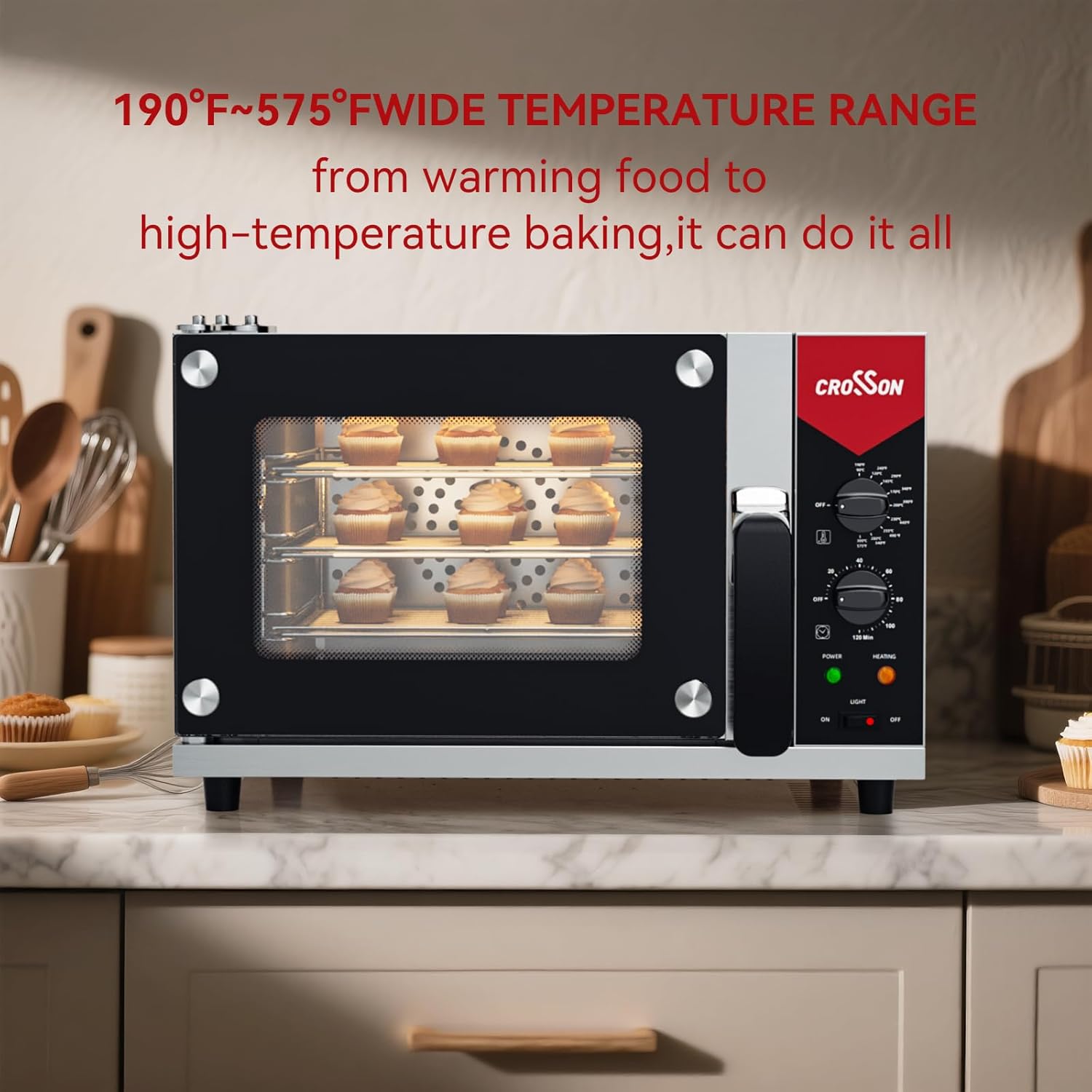 CROSSON 23L Quarter-Size Convection Oven,3-Tier Commercial Toaster oven w/Front Glass Door,3 set of Wire Racks,120 Minutes Timer and Interior Light, 120V/1600W Countertop Conventional Oven